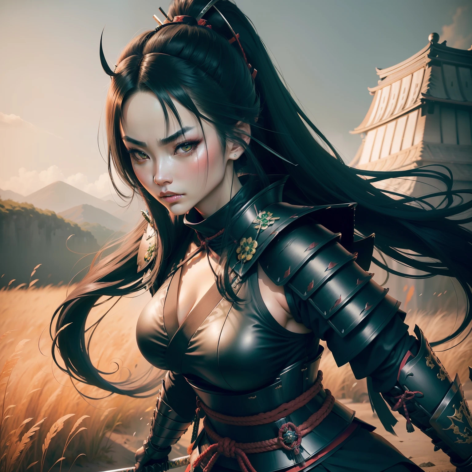 (samurai woman), (tied black hair), (tied black long hair), (giant eyes), (detailed giant eyes), colorful heavy makeup), (medium breasts), (samurai armor), (extremely detailed armor ), (perfect waist 0.8), (tight pants), (giant katana), (huge katana), (detailed katana), (shiny silver katana), (green fields), (open green field)