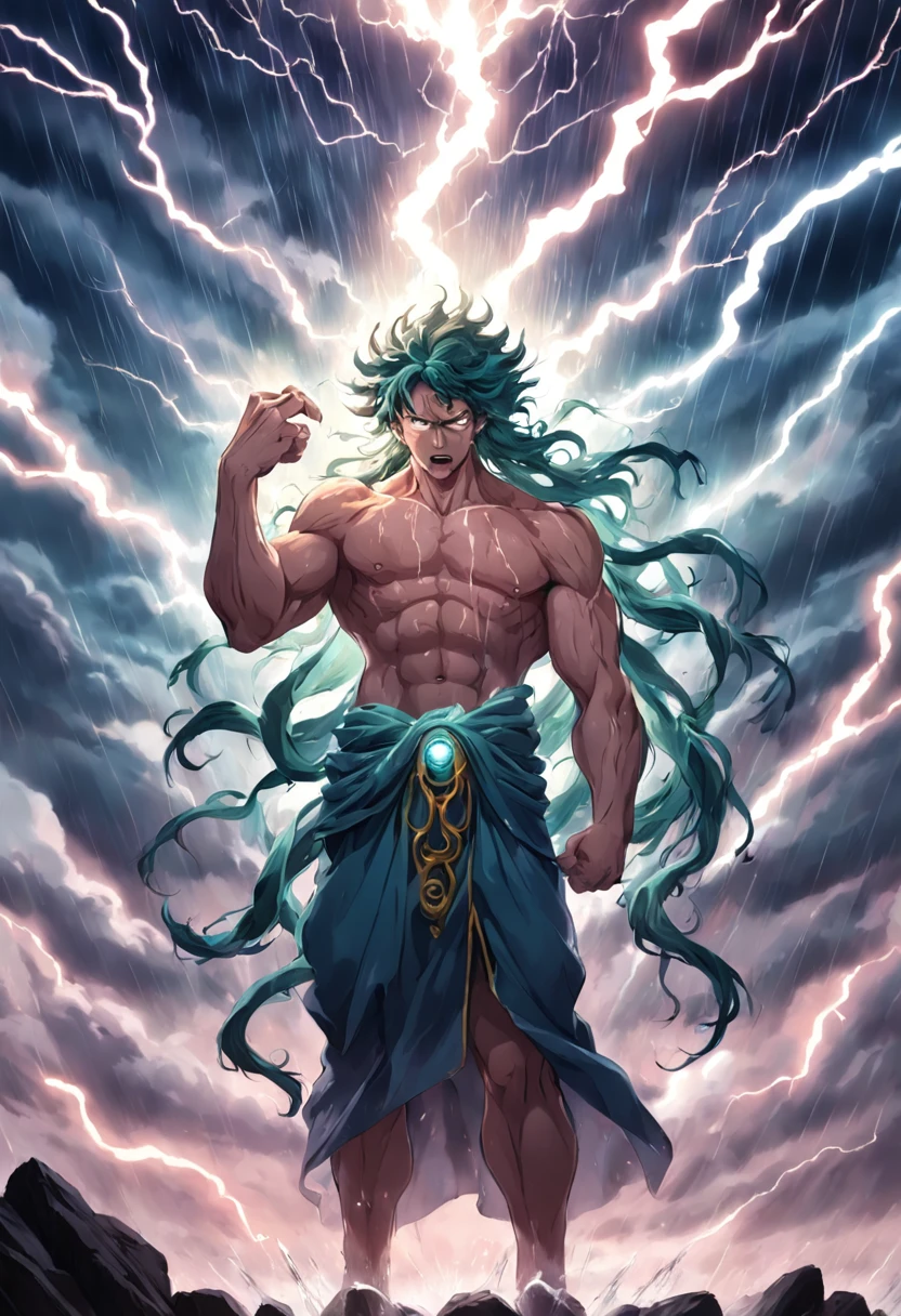 "zeus holding medusa's head in his arms, intense rain with lightning and thunder, piercing rays emanating from his eyes, hate-filled expression"