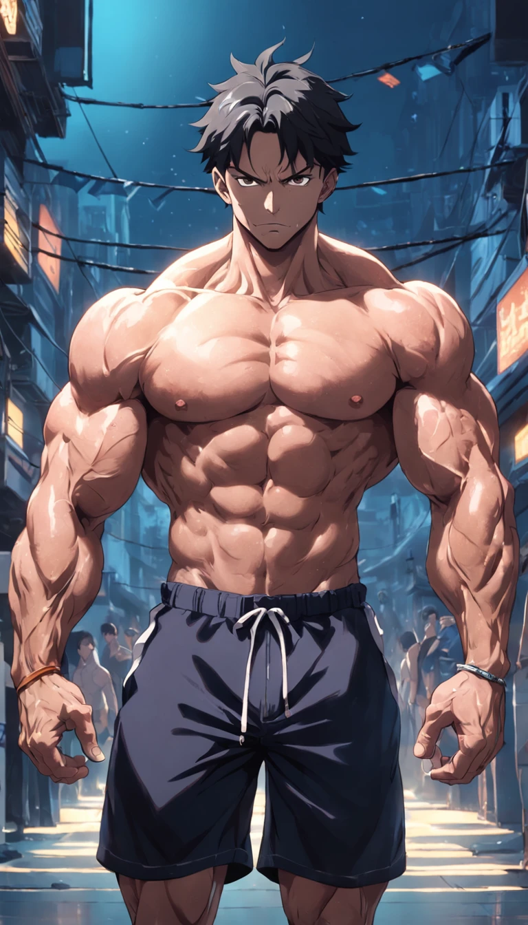 (((homem))), (((melhor qualidade))), (((obra prima))), (((adulto))), (((bodybuilder))), 30 anos, na academia, levantando halteres, sem camisa, bermuda preta.