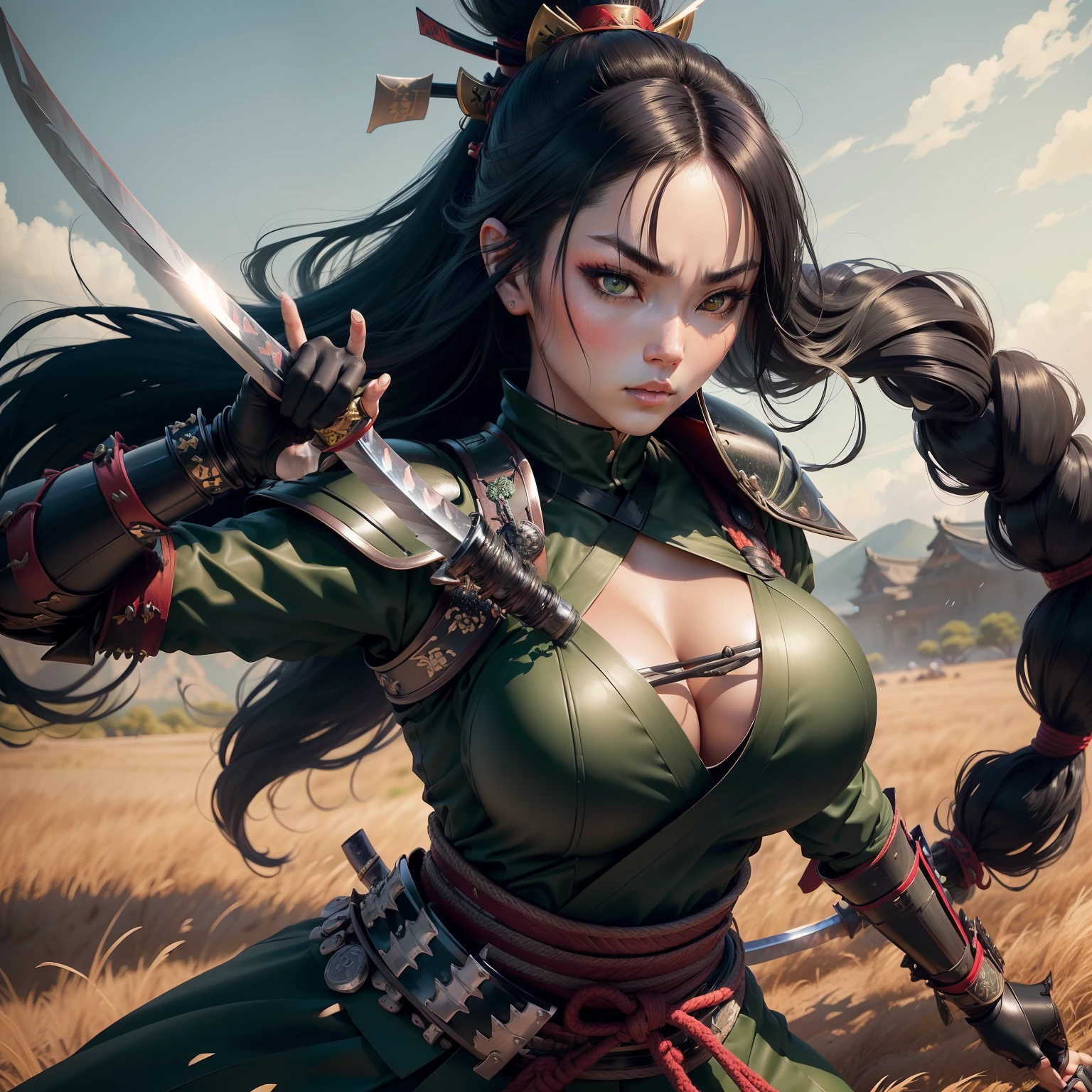 (samurai woman), (tied black hair), (tied black long hair), (giant eyes), (detailed giant eyes), colorful heavy makeup), (medium breasts), (samurai armor), (extremely detailed armor ), (perfect waist 0.8), (tight pants), (giant katana), (huge katana), (detailed katana), (shiny silver katana), (green fields), (open green field)