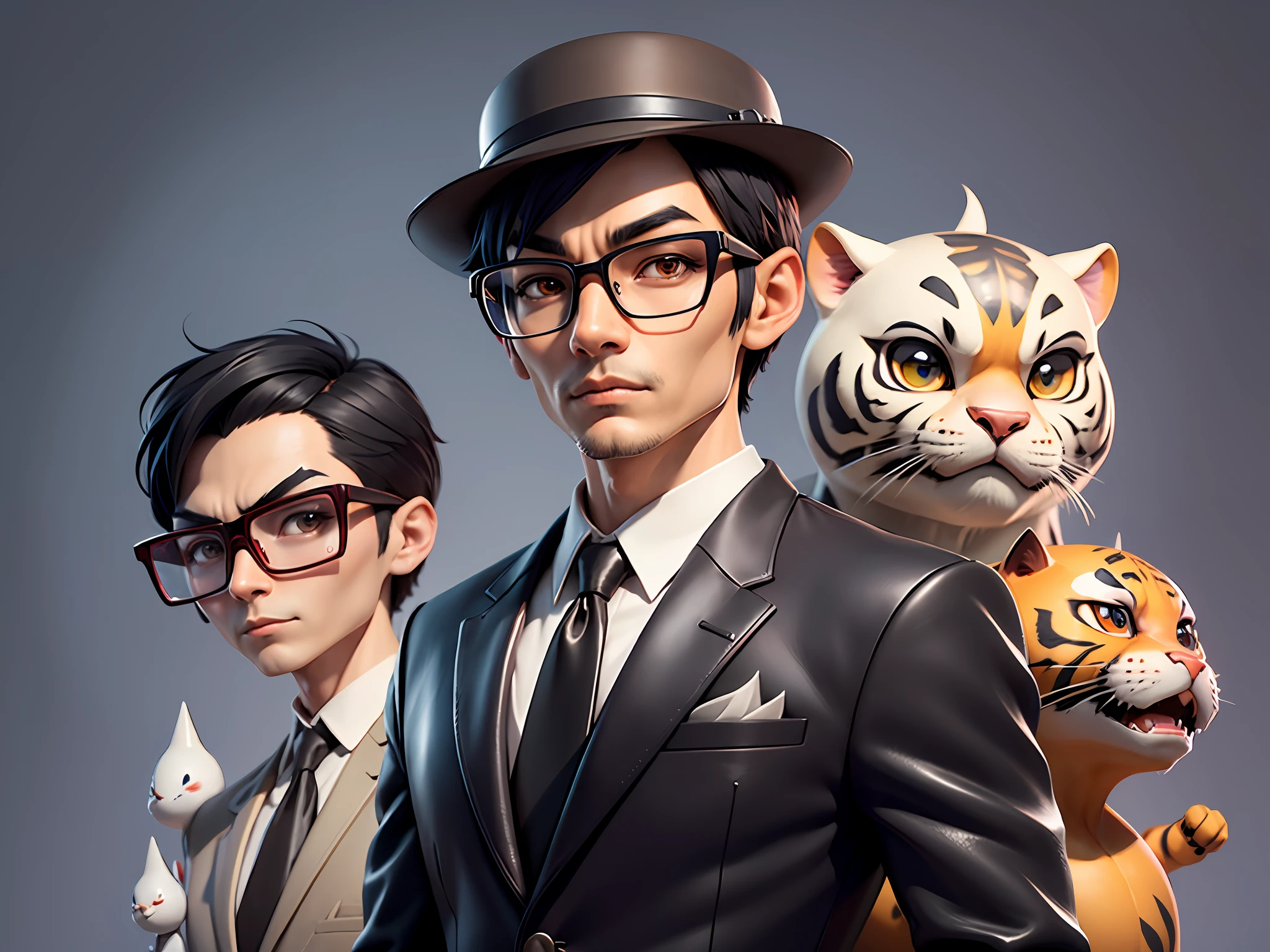 Young man with oriental face in leather hat, tiger, oriental face in formal suit, short black hair, silver glasses, digital painting, 3D character design by Mark Clairedon and Pixar and Hayao Miyazaki and Akira Toriyama, the illustration is a high-definition illustration in 4K resolution with very detailed facial features and cartoon-style visuals.