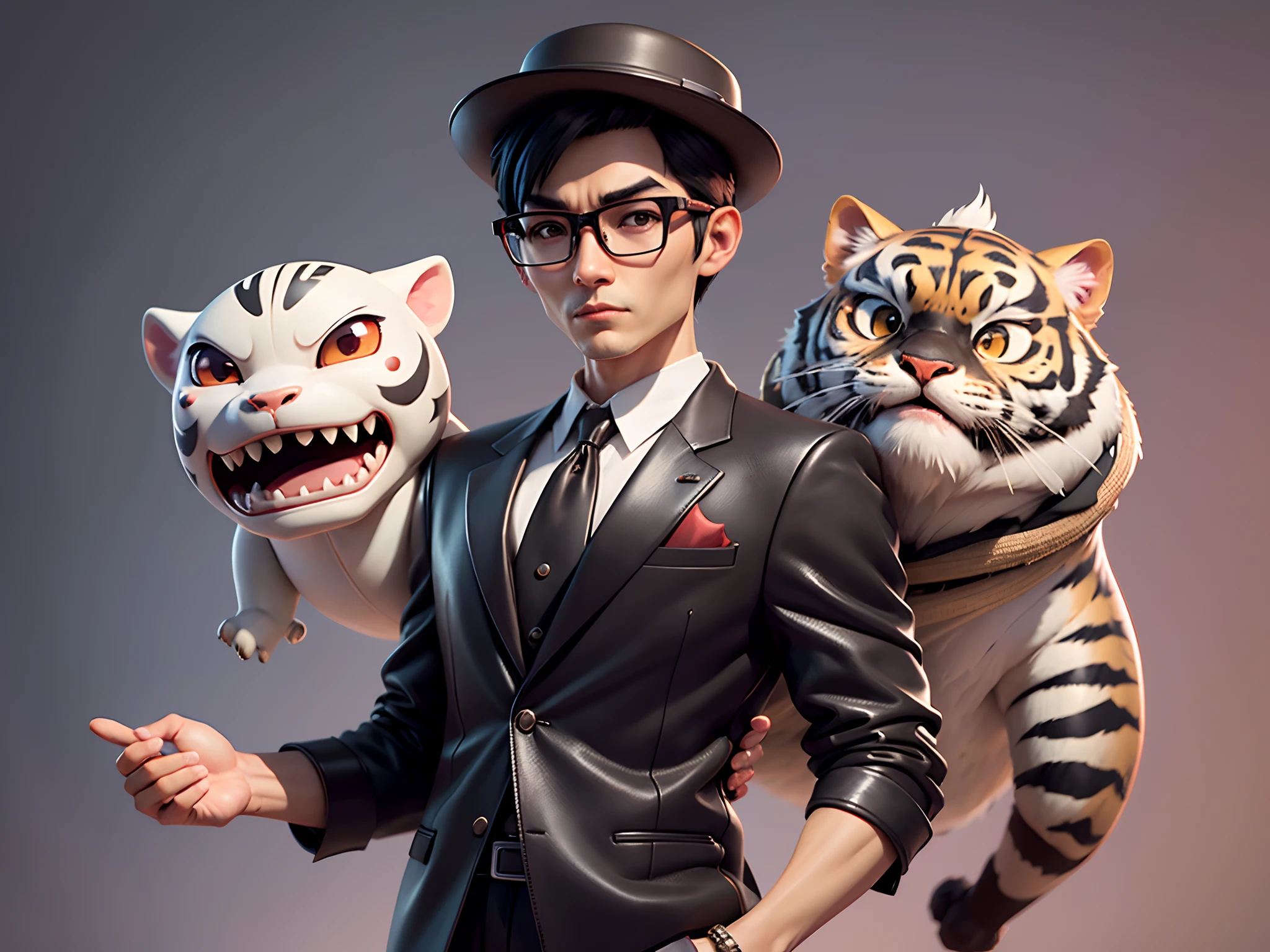 Young man with oriental face in leather hat, tiger, oriental face in formal suit, short black hair, silver glasses, digital painting, 3D character design by Mark Clairedon and Pixar and Hayao Miyazaki and Akira Toriyama, the illustration is a high-definition illustration in 4K resolution with very detailed facial features and cartoon-style visuals.