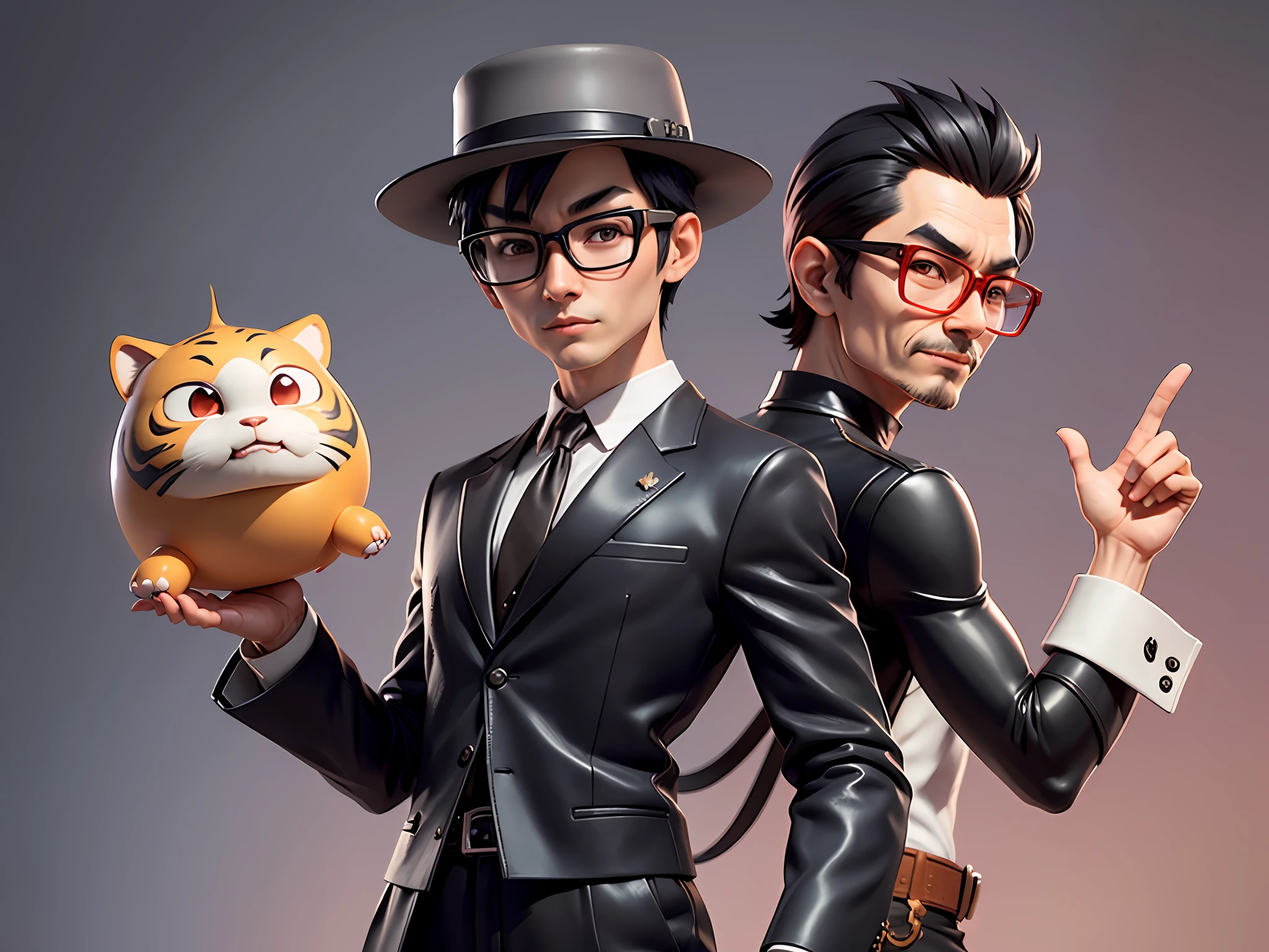 Young man with oriental face in leather hat, tiger, oriental face in formal suit, short black hair, silver glasses, digital painting, 3D character design by Mark Clairedon and Pixar and Hayao Miyazaki and Akira Toriyama, the illustration is a high-definition illustration in 4K resolution with very detailed facial features and cartoon-style visuals.