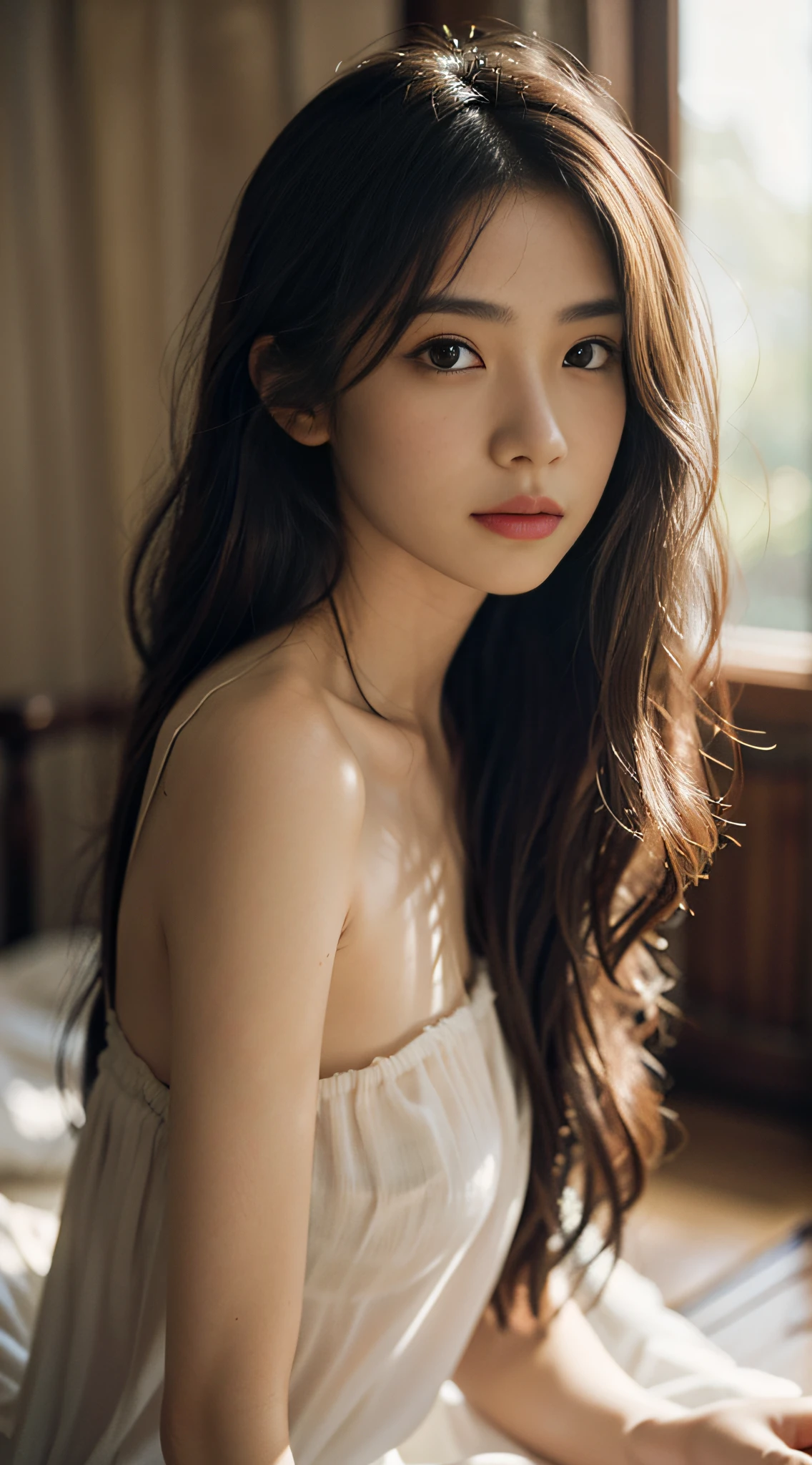 film portrait photography, 1girl, bare shoulders, wavy shoulder-length hair, serene, calm, (realistic detailed eyes, natural skin texture, realistic face details), soft dramatic lighting, depth of field, bokeh, vibrant details, finely detailed, hyperrealistic, 35mm film, hazy blur