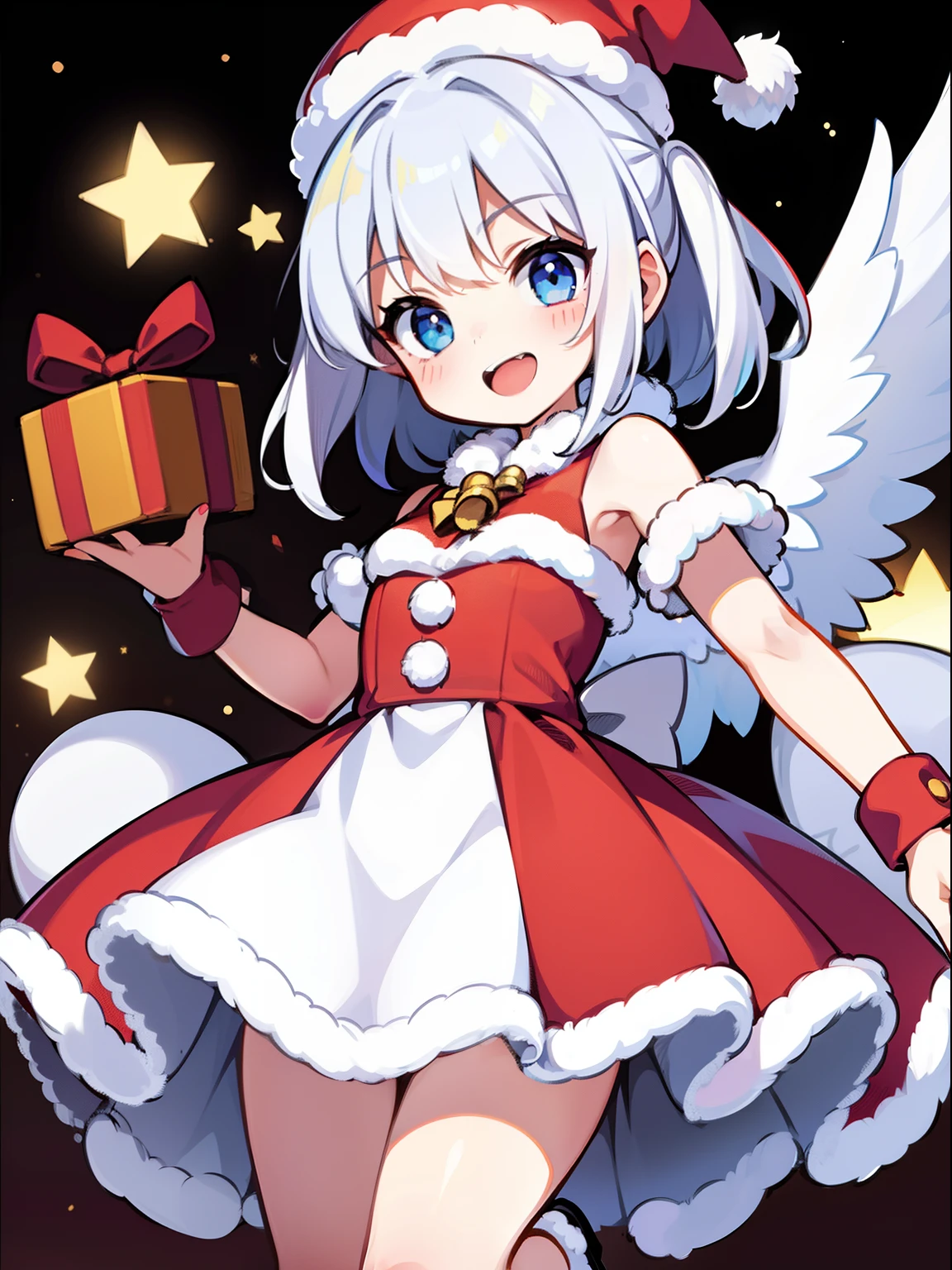 Girl with white hair、Twin-tailed、Santa Clothes、Santa Hat、Christmas、the angel's wings