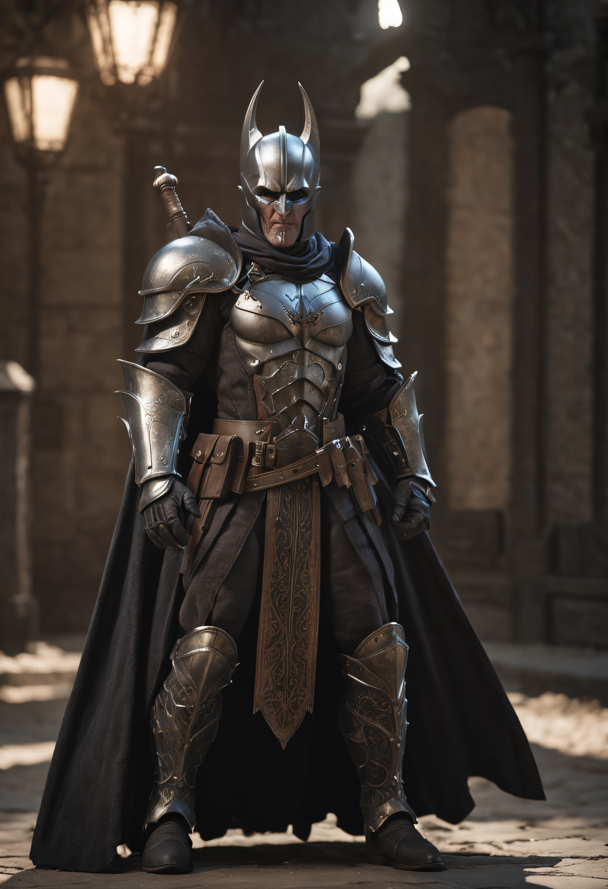 Realistic yet sinister, incredible masterpiece from ff14, job is Dark Knight, tall elf, greatsword, Dark Knight's Armor, Fantasy town, Morning, full body shot, High - quality, Caustics, Masterpiece, 16k, Unreal engine, subsurface scattering, glossy, hyperdetailed photography, realism, hyperrealism, 32k UHD, Canon XF605