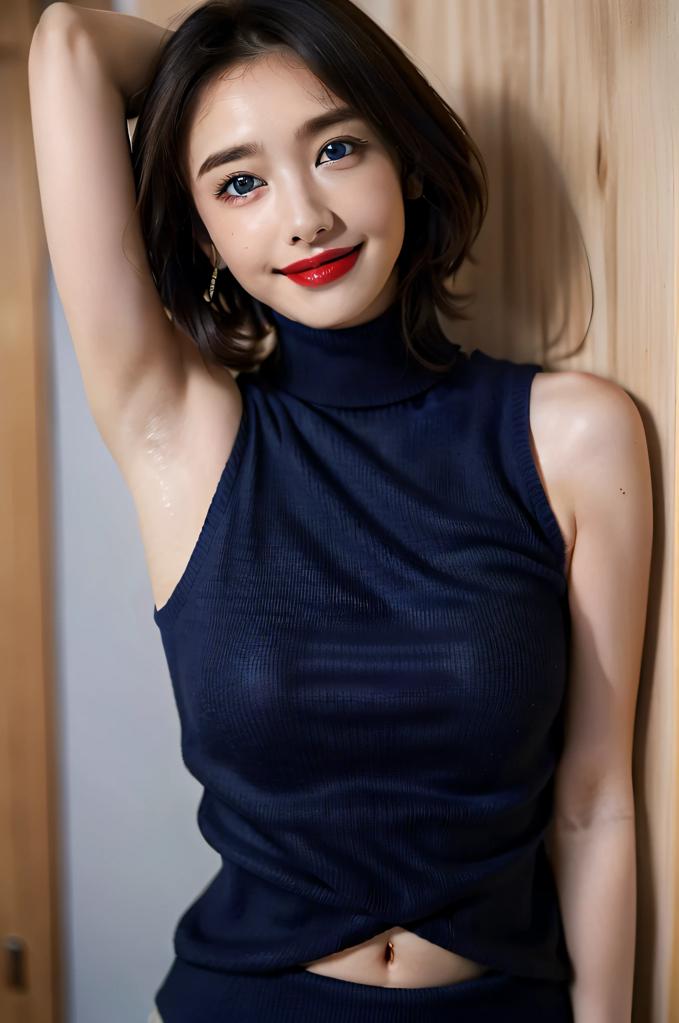 ((Armpit Pose、high-detail、A hyper-realistic、armpit pose、Armpit、a smile、A slight smil、Detailed armpit wrinkles、realisitic), (illustratio), (highly accurate(A hyper-realistic), (illustratio), (high-detail), (8K), (high-detail), (The best illustrations、red lipsticks), (beatiful detailed eyes), (top-quality), (ultra-detailliert), (Master masterpiece), (wall-paper), (详细的脸),full of sweat,Upper Body Up,hairarmpits,short-haired,One girl in a turtleneck sleeveless sweater, japanes, Lower breast, (camel's toe)