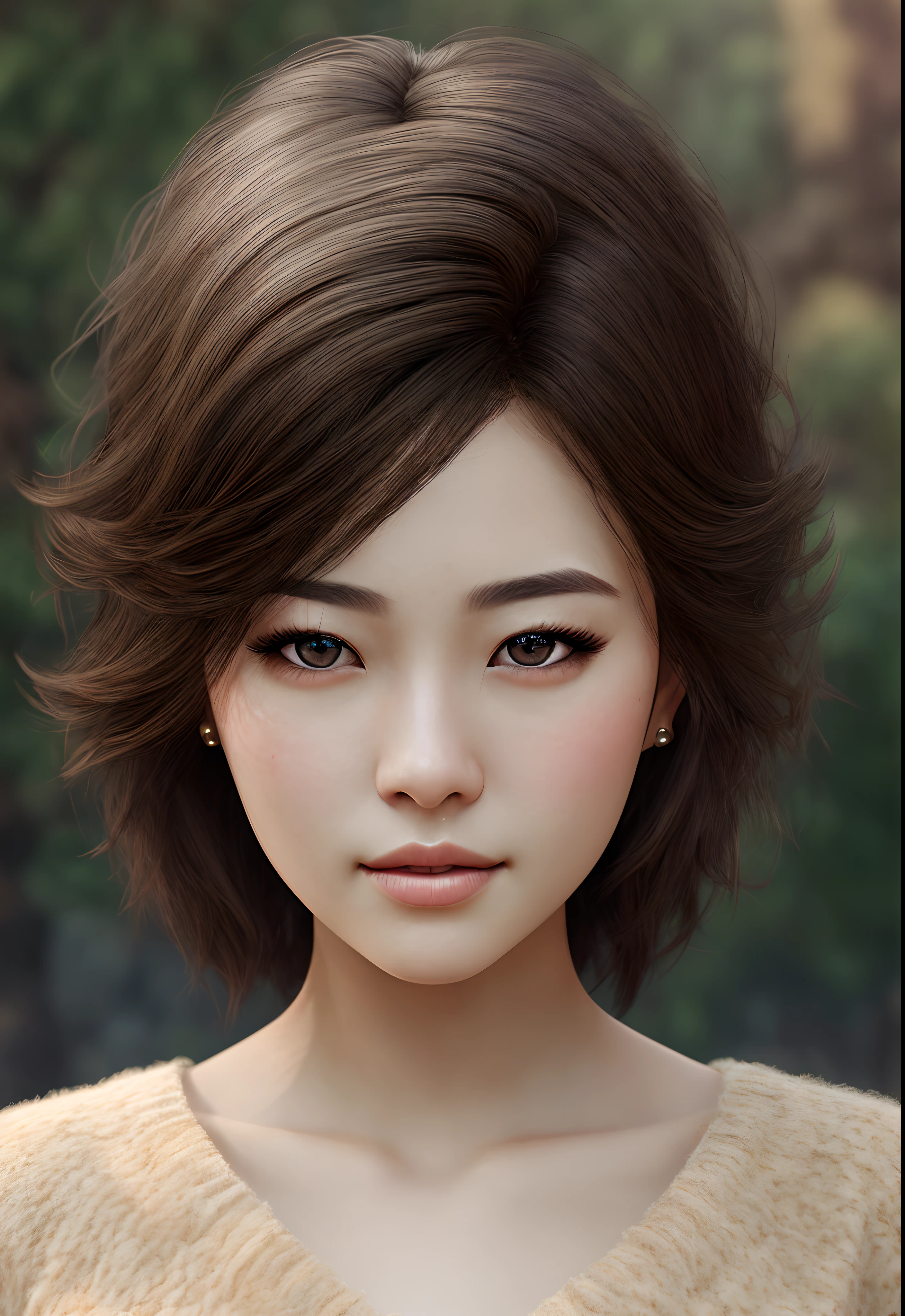 mix4, (natural skin texture, realistic face and brown eyes details:1.25),natural blurry, 1girl, photo realistic, dynamic lighting, artstation, poster, volumetric lighting, very detailed faces, 4 k, award winning, beautiful soft light, vibrant details, fluffy black hair,Japanese woman, cyberpunk, cute,18 year old, sweater, elegant, beautiful background, 8k, best quality, masterpiece, extremely delicate and beautiful, unity, wallpaper, (realistic, photo-realistic:1.2), Amazing, finely detail, best quality, official art, extremely detailed 8k wallpaper, (noble lady:0.8),
