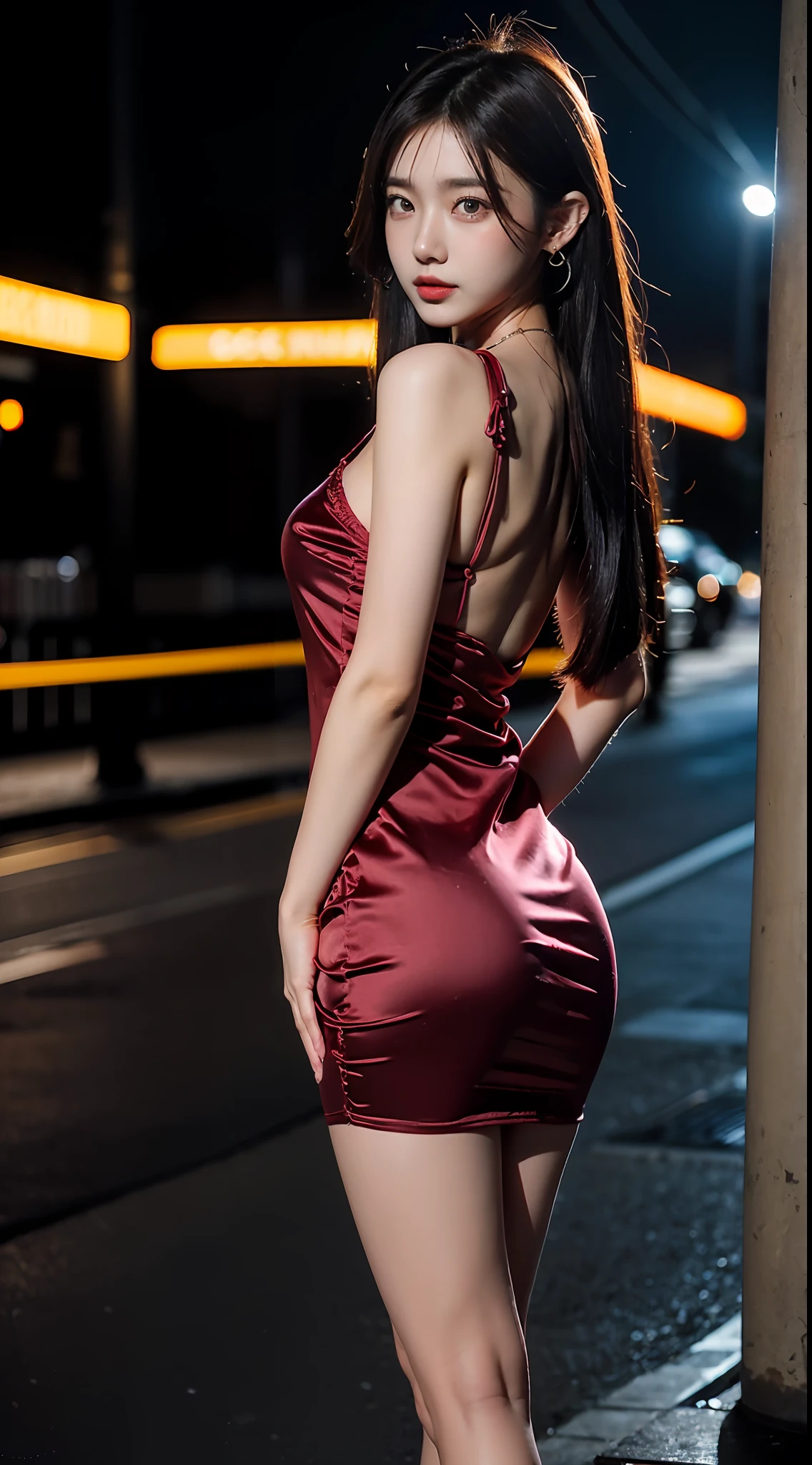 8K, Masterpiece, RAW photo, Best quality, detail:1.2),Photorealistic, Extremely detailed CG unifies 8K, 8K, Diamond, and wallpaper, Depth of field, Cinematic light, Lens flare, Ray tracing, (Extremely beautiful face, Beautiful lips, Beautiful eyes), intricate detail face, ((ultra detailed skin)) 1girll,Korean female model，In the dark, deepshadow, Pretty Korean girl, Kpop idol,(Very slim and slender muscular body:1.3), ((view the viewer)), (bodycon minidress),(Red dress), (Injection sleeve) , (City Night, (neon lights sign), (Night), Pretty Korean girl, Earrings, bangle, necklace, Pantyhose, Clear eyes, Walking , (Pale skin), Face forward, (Big eyes), ((upperbody shots)), tightly dress, Silk dress, laced dress, see through dresses, Turn Back, Back shot, Very slim, slander，full bodyesbian