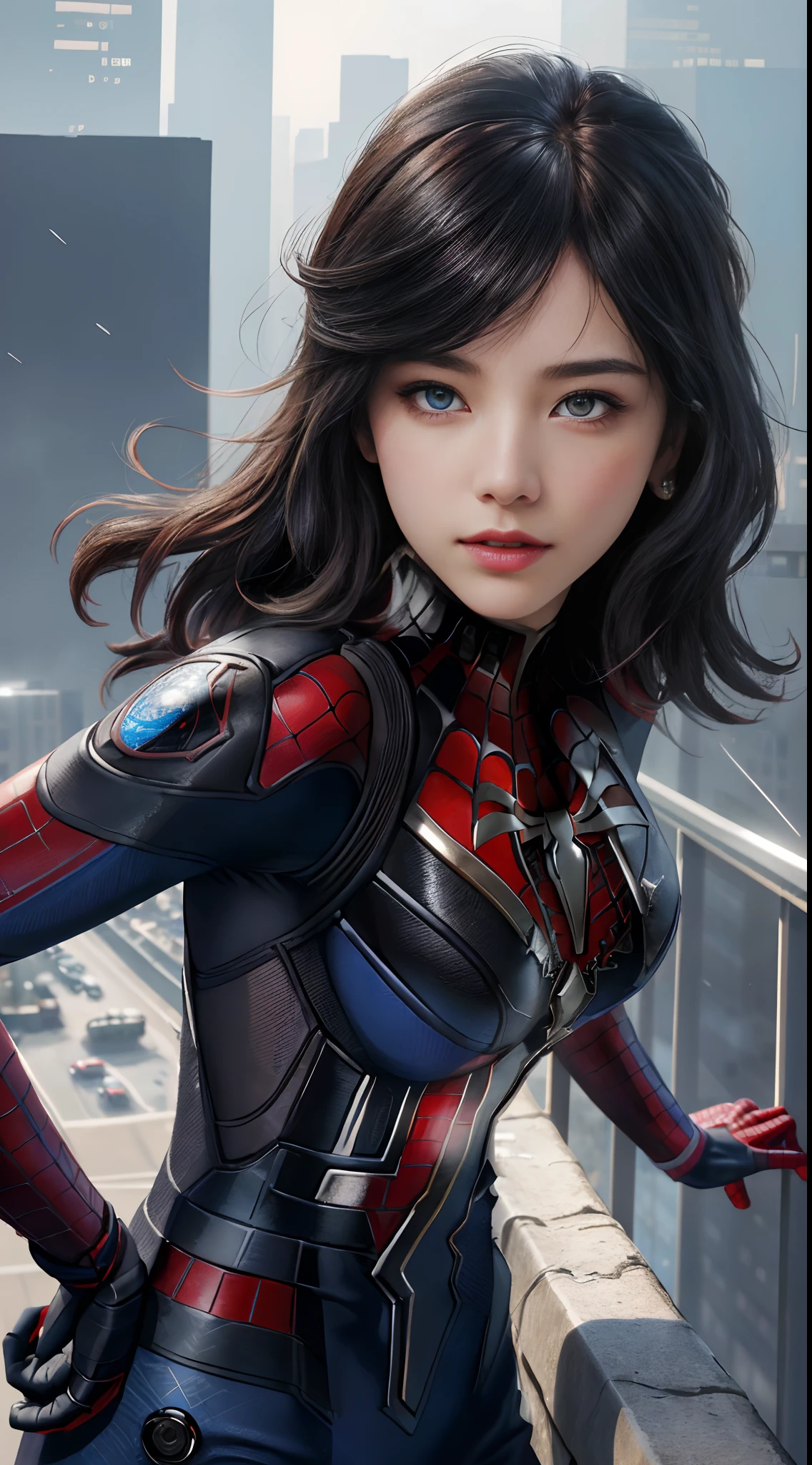 (1girl:1.3), Solo, (((Very detailed face)))), ((Very detailed eyes and face)))), Beautiful detail eyes, Body parts__, Official art, Unified 8k wallpaper, Super detailed, beautiful and beautiful, beautiful, masterpiece, best quality, original, masterpiece, super fine photo, best quality, super high resolution, realistic realism, sunlight, full body portrait, amazing beauty, dynamic pose, delicate face, vibrant eyes, (from the front), She wears Spider-Man suit, red and black color scheme, spider, very detailed city roof background, rooftop, overlooking the city, detailed face, detailed complex busy background, messy, gorgeous, milky white, highly detailed skin, realistic skin details, visible pores, clear focus, volumetric fog, 8k uhd, DSLR, high quality, film grain, fair skin, photo realism, lomography, futuristic dystopian megalopolis, translucent