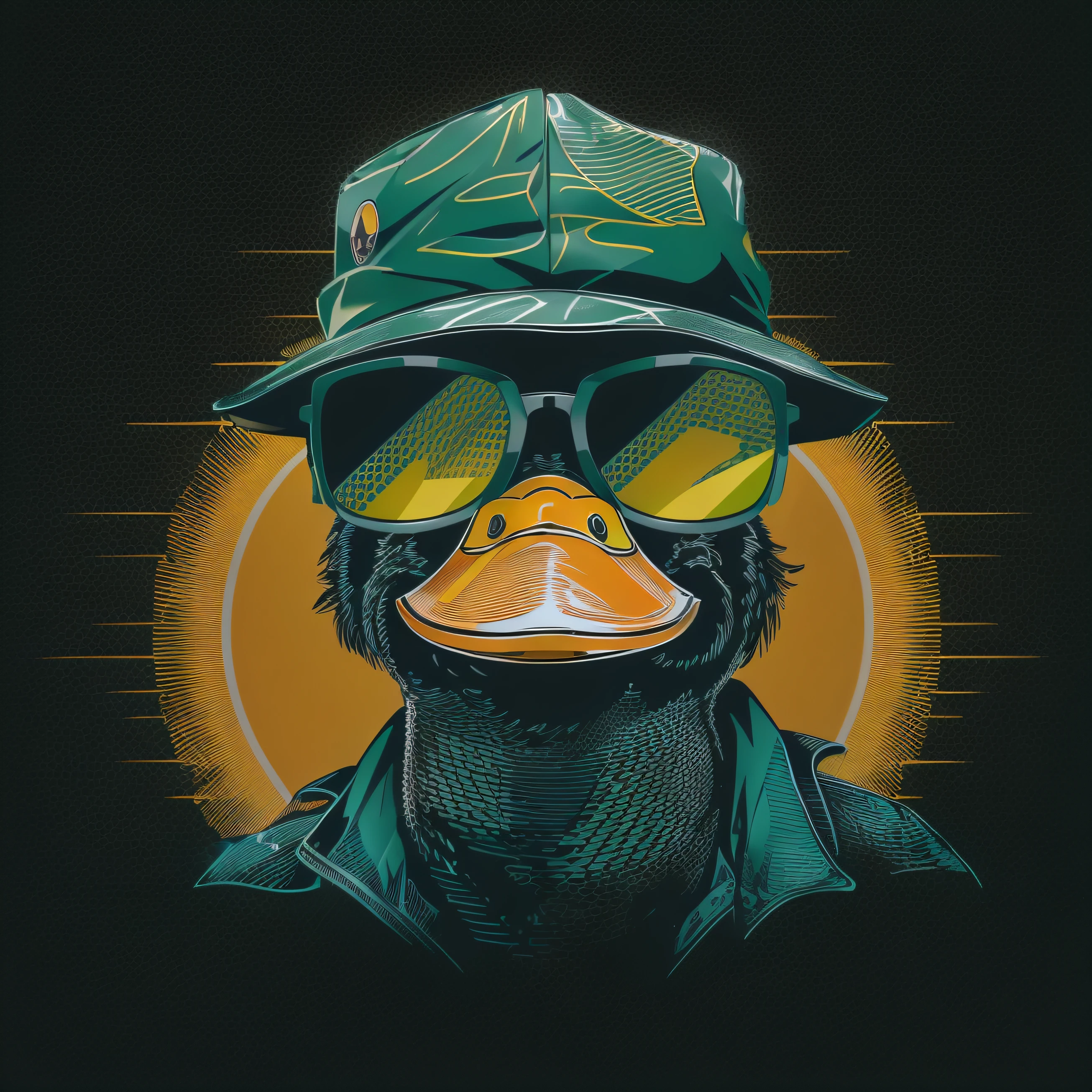 There is a duck wearing sunglasses and a hat with a sun in the background, retrato conceito do pato da fantasia, illustration of a duck, robot duck concept portrait, O Pato Macho, inspired by Jacob Duck, wearing sunglasses and a cap, pato blindado, pato, in illustration style digital, Highly detailed illustration.", Retrato do pato mallard bonito, Pato Robocop, ((lineart))
