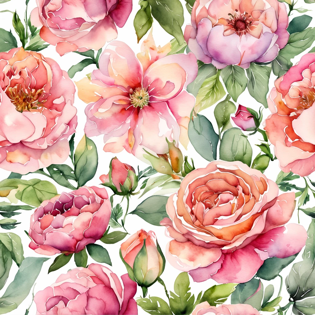 Wreaths, floral frames, delicate watercolor flowers in shades of pink and vibrant roses, captivating illustration.