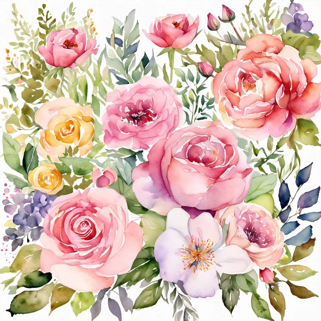 Wreaths, floral frames, delicate watercolor flowers in shades of pink and vibrant roses, captivating illustration.