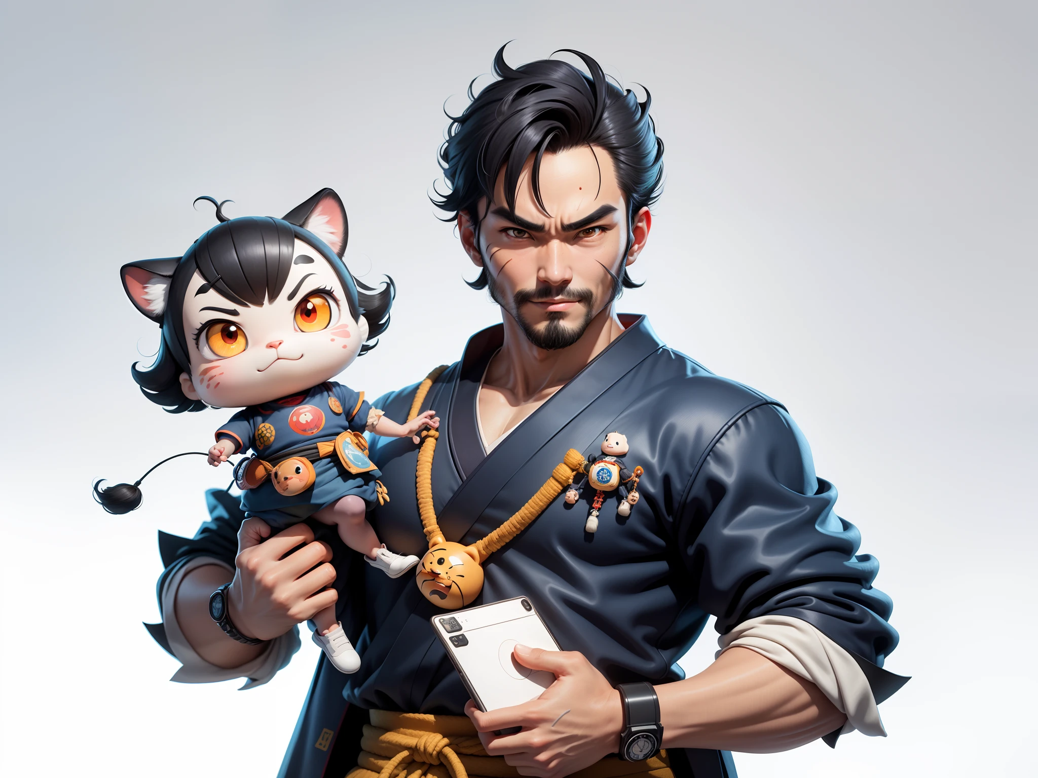 (Daisaku),(Need),(Super meticulous),(full bodyesbian:1.2),Super young man with Japanese geisha,Beautiful,orient,one tiger,Aeolian Thor,Raised sexy,爆乳,Oriental face,TV Anchor,Bust portrait illustration,In black suit,a blue tie,The face is slightly chubby,The face was clean,without a beard,Black super short hair,Black eyes,Smile confidently,3C computer sub-products,iPad, iphone,Digital painting,3D character design by Mark Clairen and Pixar and Hayao Miyazaki and Akira Toriyama,The illustration is a high-definition illustration in 4K resolution,With very detailed facial features and cartoon-style visuals。