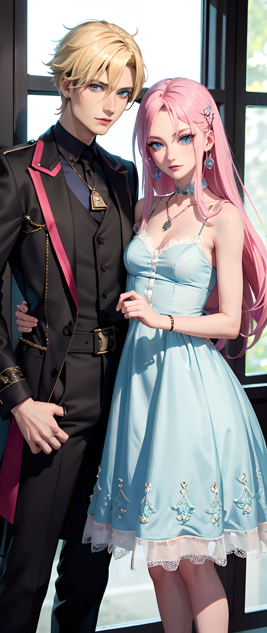 masterpiece, top-quality, 2Others, ((Male and female couples)), 1 man and 1,, Adults, Height difference, different color, finely eye and detailed face, intricate detailes, Wizarding World Costumes, Inside the coffee shop, During the walk, Men and women side by side, A smile, Happiness, tenderness, youthfulness, high-level image quality、 Beautiful men and women、tall、window、𝓡𝓸𝓶𝓪𝓷𝓽𝓲𝓬、British men, Idol Photos, k pop, Professional Photos, ((Vampire Man and Witch)), Fedoman with necklace, inspired by Sim Sa-jeong, androgynous vampire, :9 detailed face: 8, extra detailed face, detailed punk hair, ((Light blue eyes)) baggy eyes, Seductive. Highly detailed, semi realistic anime, Vampires, hyperrealistic , delicate androgynous prince, imvu, short hair above the ears, Man with short hair, Woman with long hair, With a man with a glaring expression, Woman with a gentle expression, ((With an Englishman with short blonde hair and light blue eyes)), ((Woman with pretty long pink hair and light blue eyes)),
