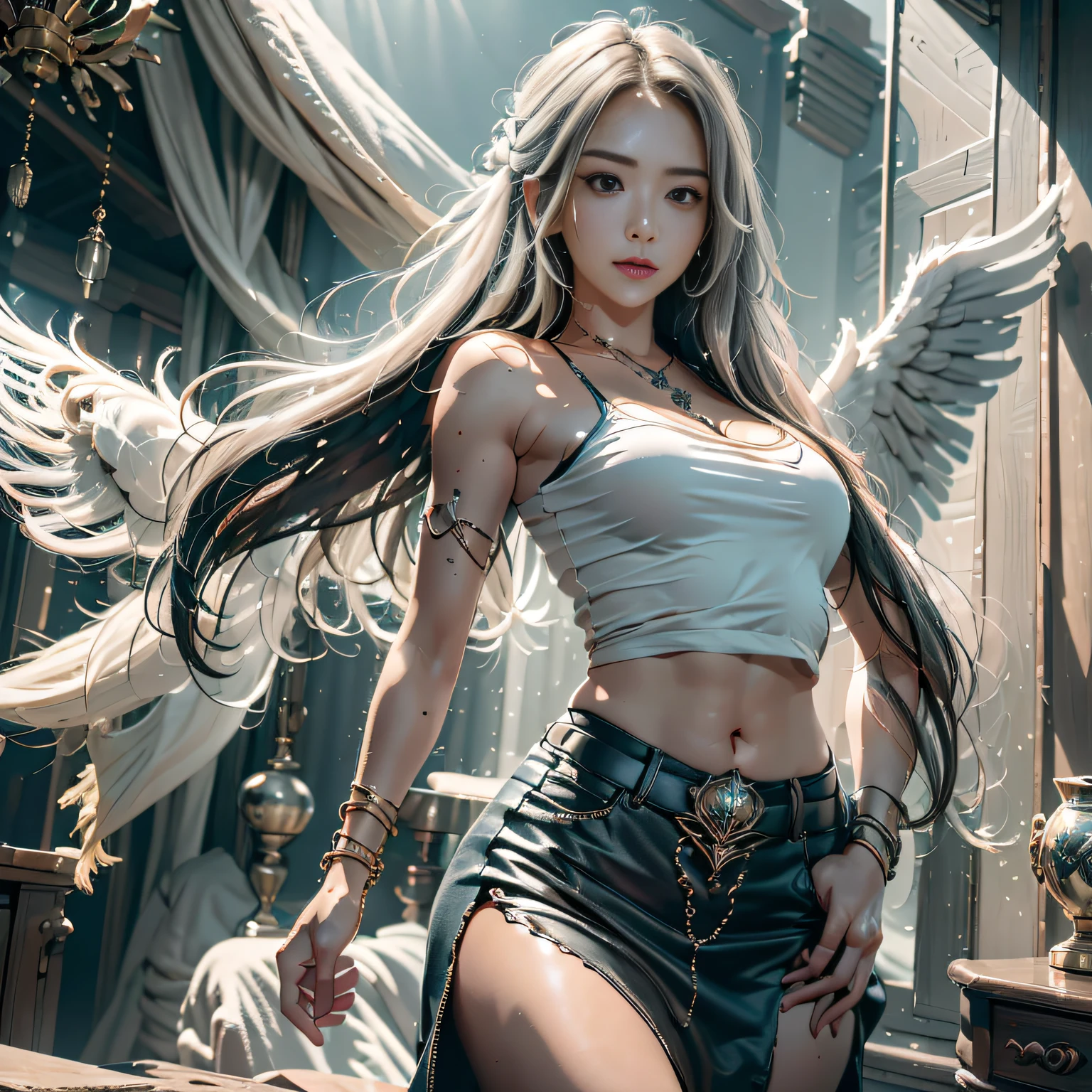 hyper HD, Anatomically correct, retinas, Super detail, Award-Awarded, Best quality, High details, Textured skin, Masterpiece, ccurate, High quality, A high resolution, 8K，1girl in, 独奏, offcial art, Unity 8k wallpaper, ultra - detailed, prettify、Aesthetic, tmasterpiece, top-quality, Photorealsitic, A female angel、It has 6 large glowing white wings on its back:2.0、Wings of a bird of prey、Blazing Angel、Silver armor:2.0、Glow-in-the-dark imprint，Glow-in-the-dark imprint，Silver gauntlet、Silver Solette、White fabric、Hair ornaments with small wings、Valkyrie、Very large wide sword、Glowing angel circle、angelic halo:2.0、Light magic、depth of fields, Fantastic atmosphere, calm color palette, Soft Shading、You can see the forest in the distance、See remote mountain castles、ellegance、Full body like、busty figure、Large full breasts、wide waist、Floating in the air:2.0、Flying in the sky:2.0、Fry high in the air、Sky on the steppe、You can see the castle on the hill in the distance