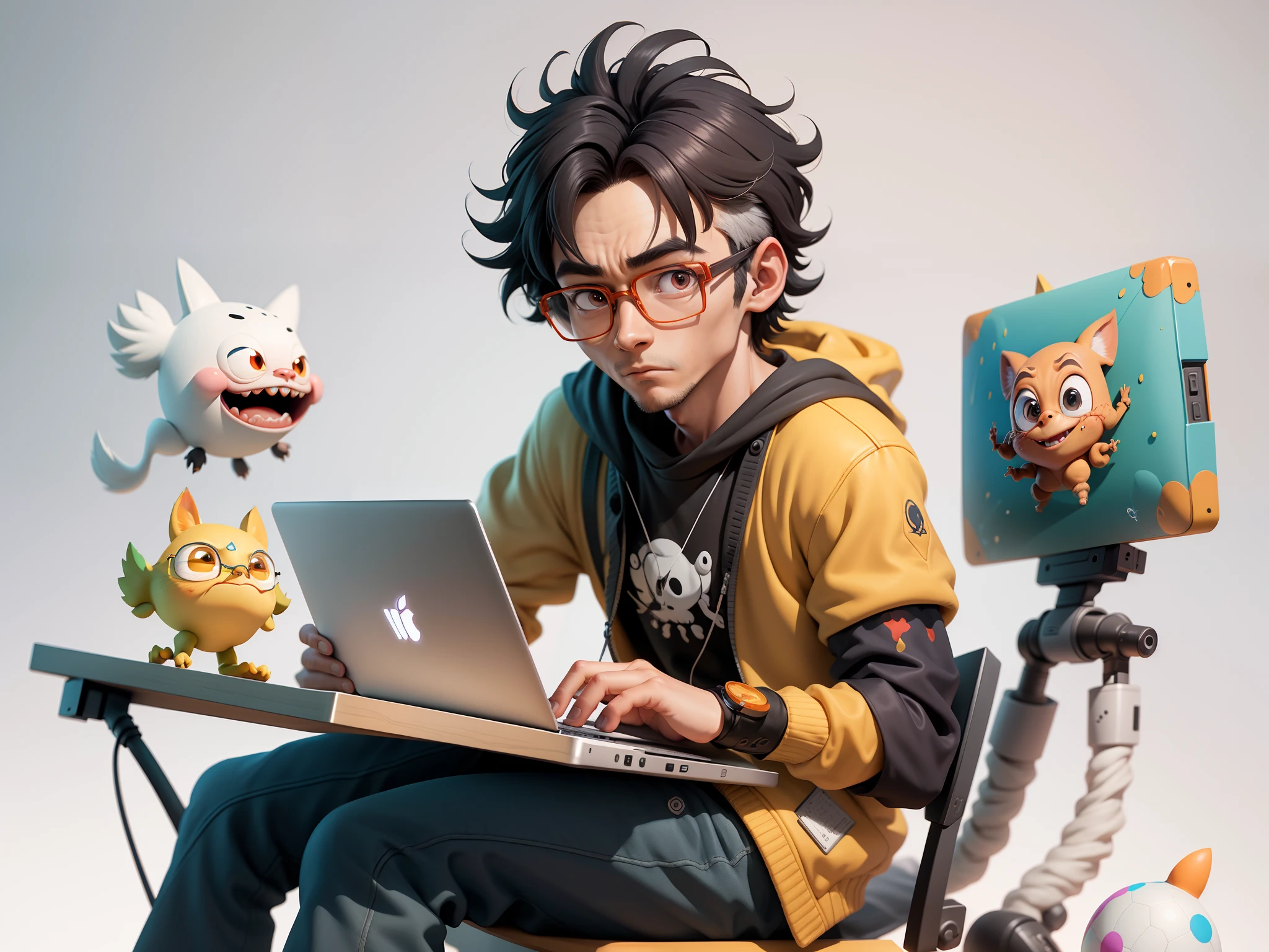 A young man with glasses sits at his desk，holding laptop，digitial painting，3D character design by Mark Clairen and Pixar and Hayao Miyazaki and Akira Toriyama，4K HD illustration，Very detailed facial features and cartoon-style visuals。