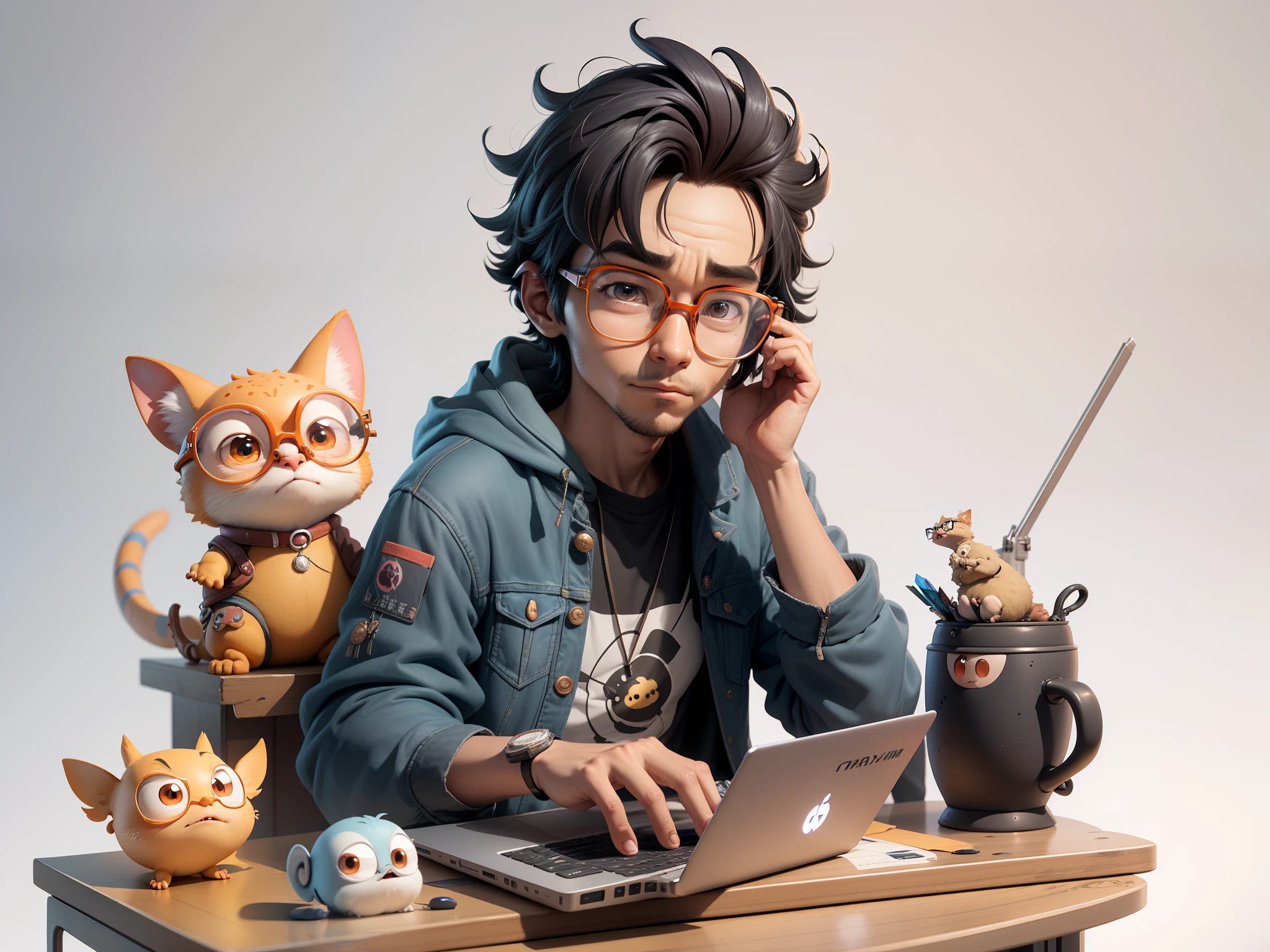 A young man with glasses sits at his desk,holding laptop,digitial painting,3D character design by Mark Clairen and Pixar and Hayao Miyazaki and Akira Toriyama,4K HD illustration,Very detailed facial features and cartoon-style visuals。