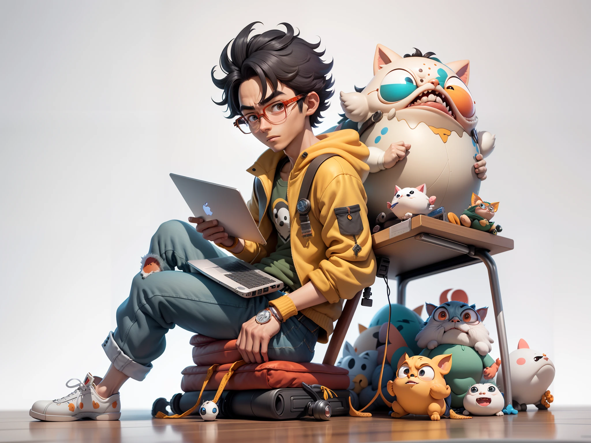 A young man with glasses sits at his desk，holding laptop，digitial painting，3D character design by Mark Clairen and Pixar and Hayao Miyazaki and Akira Toriyama，4K HD illustration，Very detailed facial features and cartoon-style visuals。