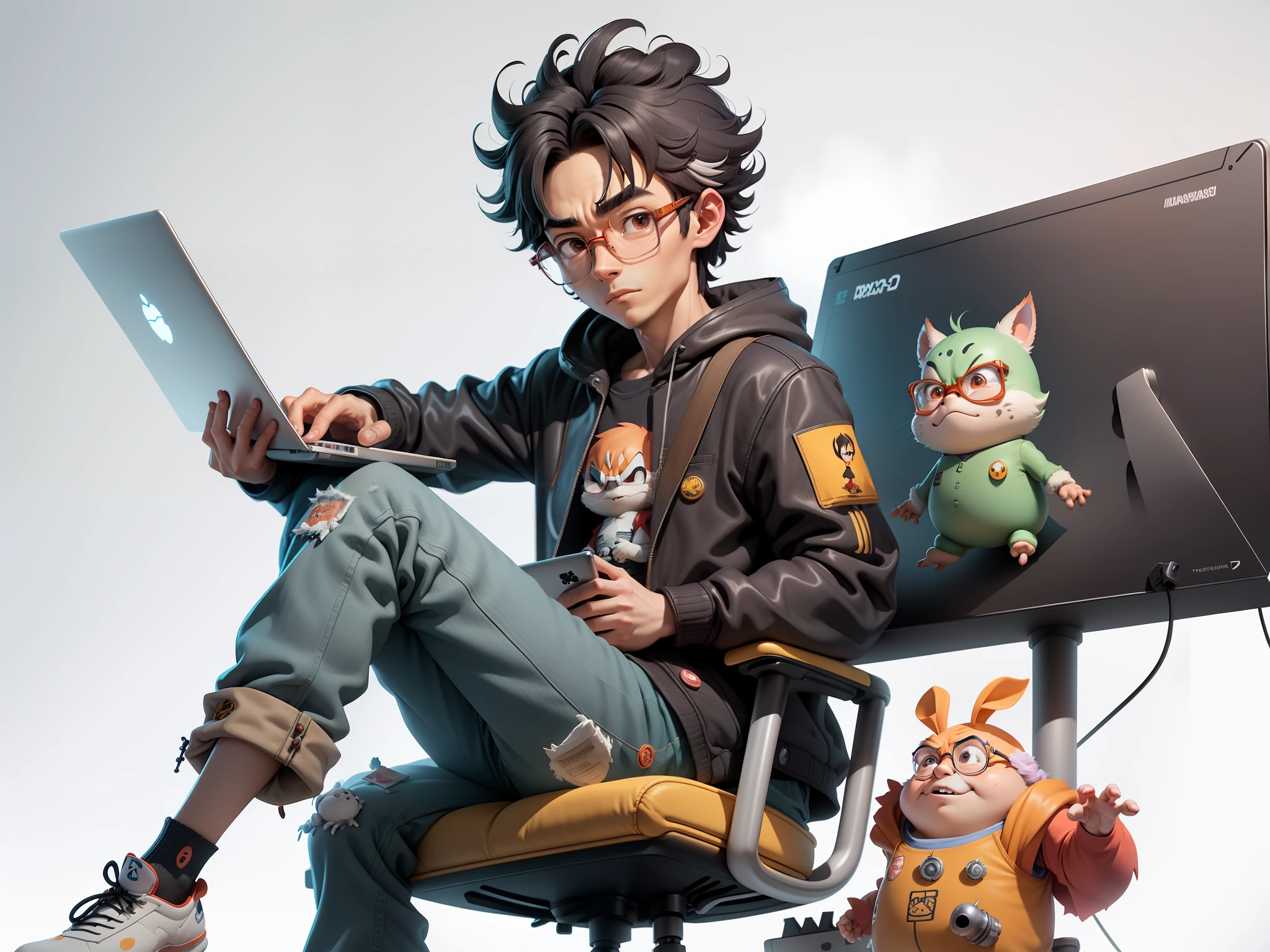 A young man with glasses sits at his desk，holding laptop，digitial painting，3D character design by Mark Clairen and Pixar and Hayao Miyazaki and Akira Toriyama，4K HD illustration，Very detailed facial features and cartoon-style visuals。
