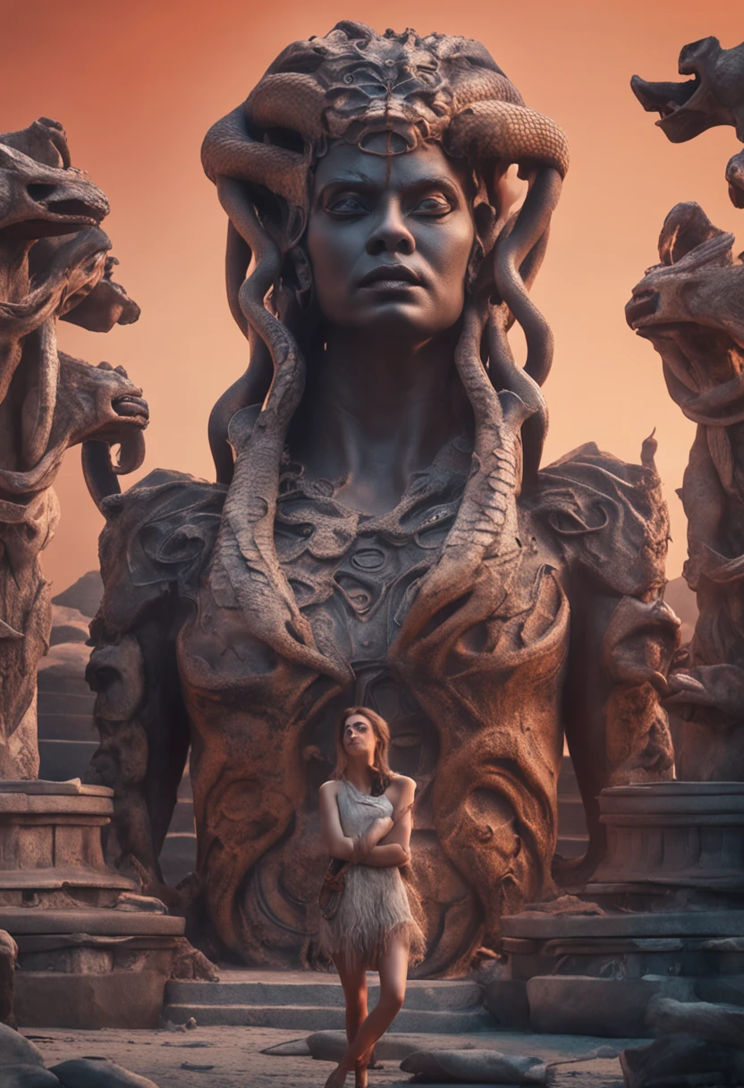 woman with snakes on her head medusa style angry expression glare and stone statues around petrified people