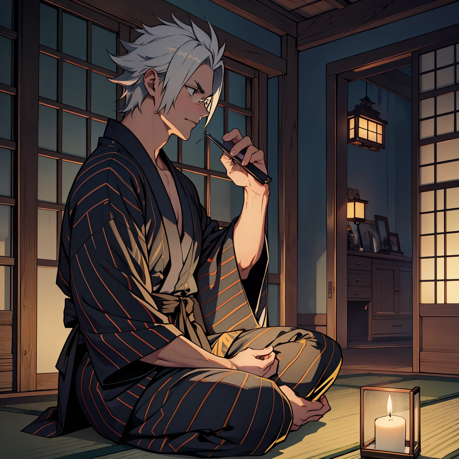 {{{{{masutepiece,Best Quality,ultra-detailliert}}}}},1 Handsome Man,sitting down on the floor,Tell ghost stories, Slouching, eye glass,Beautiful dark room background,Close doors and windows,a dark night,No light,Beautiful Japan black striped yukata,Side view,8K,1 candle,