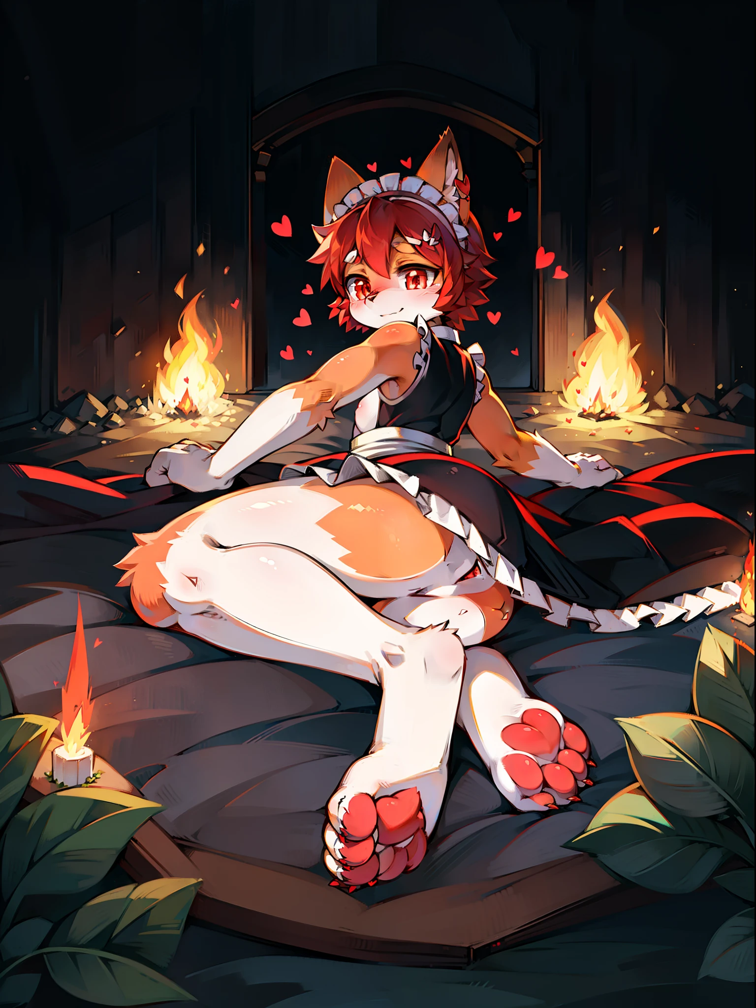 fluffy cat ears,Furry beast head,Wear maid outfits,wearing short skirt,Orange, Red and white,adolable,Young,white short socks,There are light and shadows,Short stature,lying on one's side on bed,Wear leg rings,Dark red pupils,Eyes with a heart-shaped pattern,Be red in the face,clawed paws,largeeyes,There are Z-shaped hairpins on the head,Two feet,Dragon tail,Two hands,show legs,The environment has a campfire,Lie down in bed,anatomy correct,Blushlush