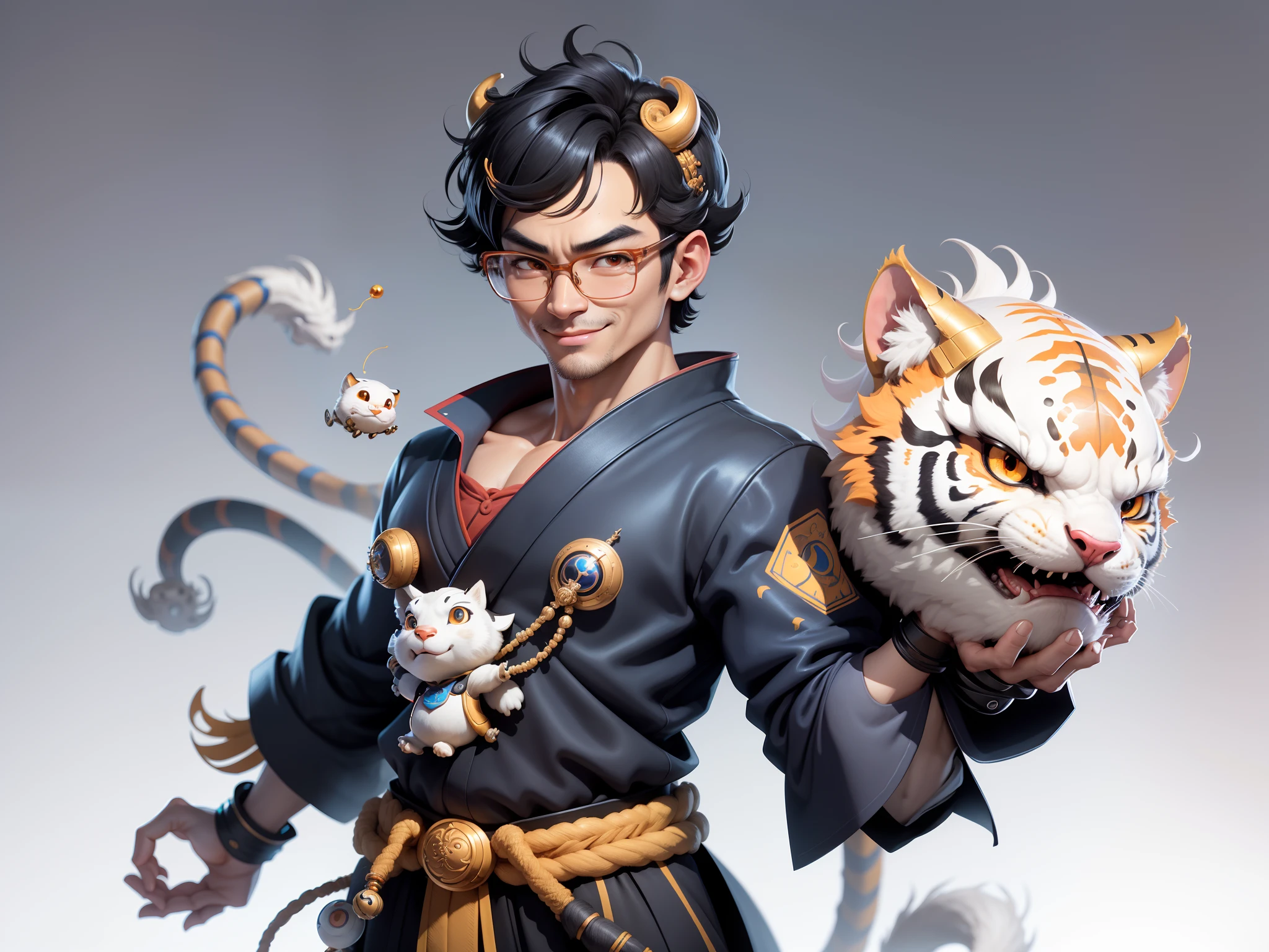 (Daisaku),(Need),(Super meticulous),(full bodyesbian:1.2),Japanese ukiyo-e girl,japanese geisha,Beautiful,Oriental dragon,one tiger,Aeolian Thor,Raised sexy,爆乳,Oriental face,TV Anchor,Bust portrait illustration,Alone,In black suit,a blue tie,The face is slightly chubby,The face was clean,without a beard,Black super short hair,Black eyes,Smile confidently,3C computer sub-products,iPad, iphone,Digital painting,3D character design by Mark Clairen and Pixar and Hayao Miyazaki and Akira Toriyama,The illustration is a high-definition illustration in 4K resolution,With very detailed facial features and cartoon-style visuals。