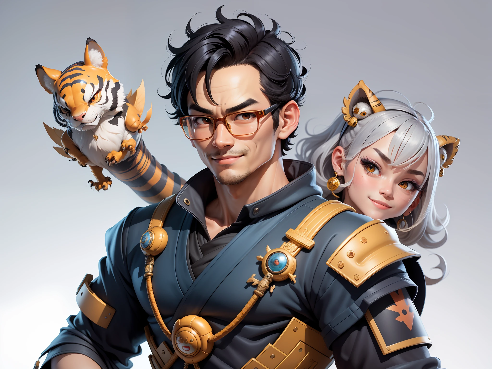 (Masterpiece), (Excellent), (Super Meticulous), (Full Body: 1.2), Super Young Man with Japanese Female Geisha, Pretty, Beautiful, Chinese Dragon, Tiger, Wind God Thor, Sexy, Bursting, Oriental Face, TV Anchor, Bust Portrait Illustration, Black Suit, Blue Tie, Slightly Chubby Face, Silver Glasses, Very Clean Face, No Beard on Chin, Black Super Short Hair, Black Eyes, Confident Smile, 3c Computer Sub-Products, iPad, iPhone, Digital Painting, 3D character design by Mark Clairedon and Pixar and Hayao Miyazaki and Akira Toriyama, the illustrations are HD illustrations in 4K resolution with highly detailed facial features and cartoon-style visuals.