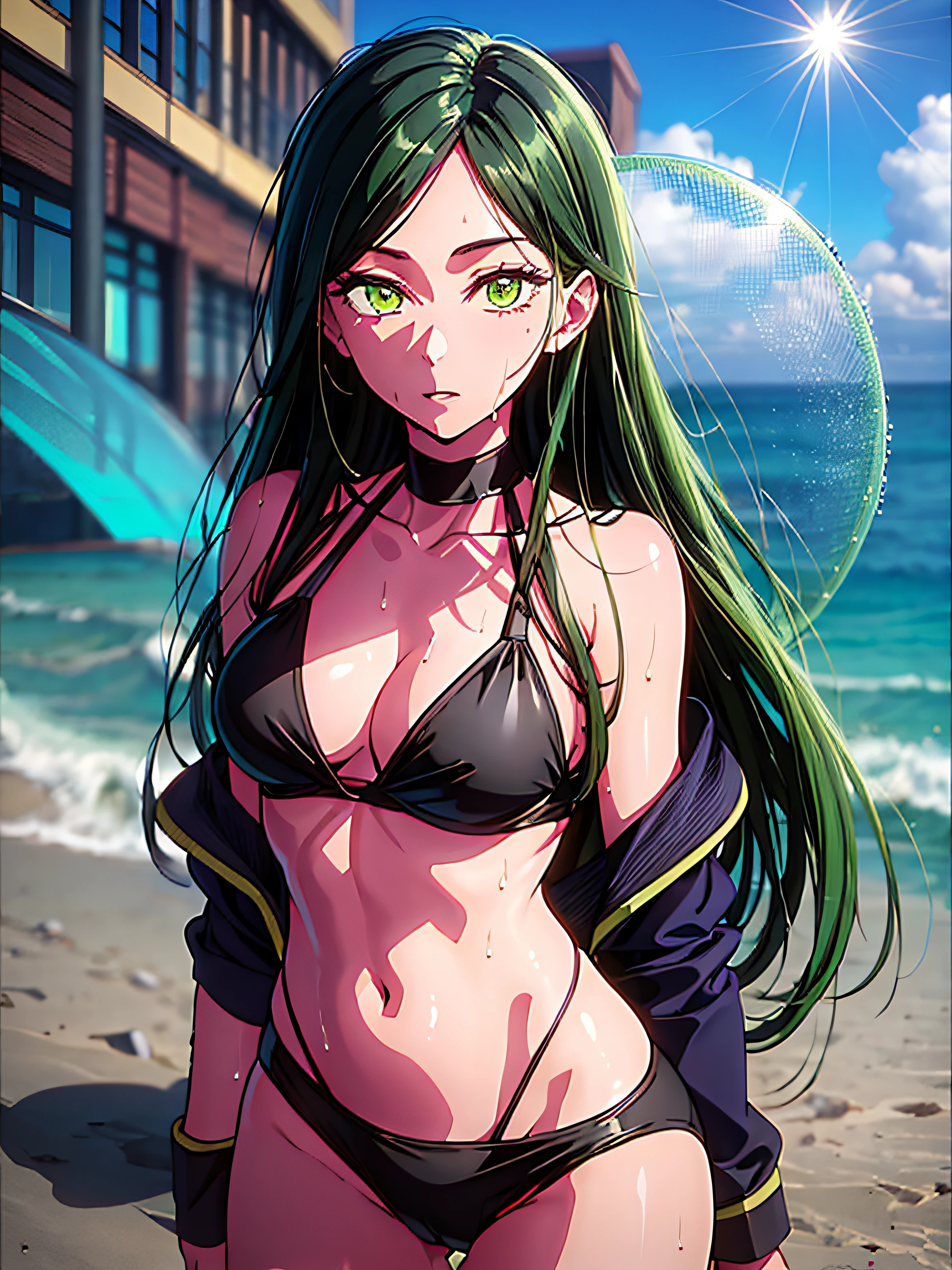 frillshiranui\(oshinoko\), darkgreen hair, green eyes, long hair, expressionless, black bikini, realistic, 3d, wet, checkered floor, lens flare, sea, beach, with beach ball