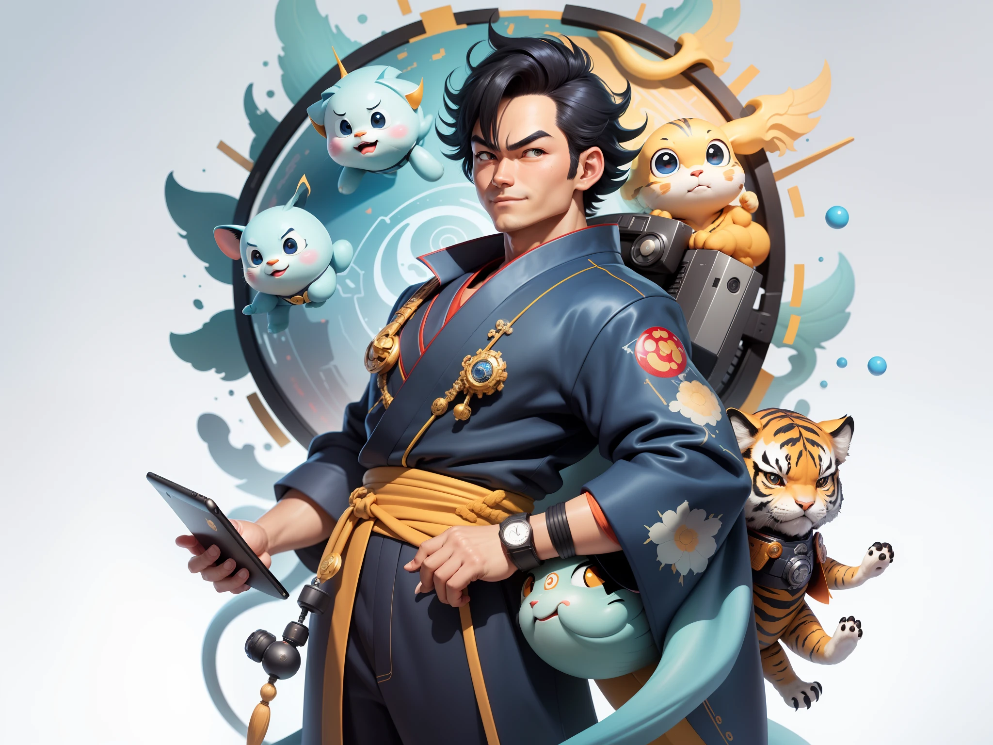 (Masterpiece), (Excellent), (Super Meticulous), (Full Body: 1.2), Super Young Man, Oriental Face, Japanese Kimono, Japanese Wind Thunder God, Dragon, Tiger, TV Anchor, Bust Portrait Illustration, Alone, Black Suit, Blue Tie, Slightly Chubby Face, Very Clean Face, No Beard, Black Super Short Hair, Black Eyes, Confident Smile, 3c Computer Sub-Products, iPad, iPhone, Digital Painting, 3D Character Design by Akira Toriyama and Mark Claireden and Pixar and Hayao Miyazaki, The illustration is a high-definition illustration in 4K resolution with very detailed facial features and cartoon-style visuals.