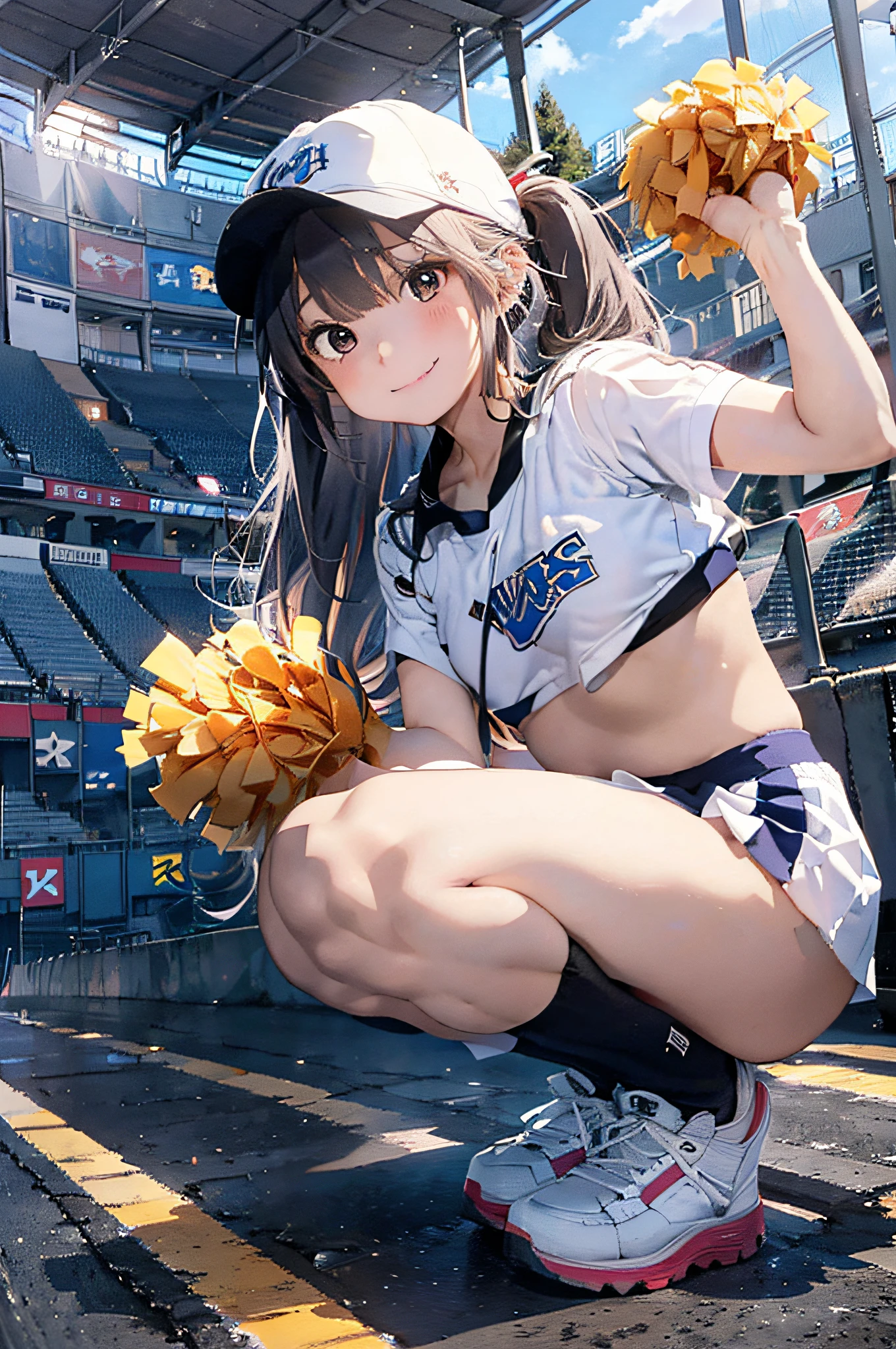 (cheerleaders:1.3)、(stadio:1.5)、(tiny chest:1.4)、Raw photography, top-quality, hight resolution, (masterpiece), (Photorealsitic:1.4), Anime Cosplay, foco nítido, nffsw, 8K分辨率, intricate detailes, depth of fields, the Extremely Detailed CG Unity 8K Wallpapers, front lit, girl with, Smile、(A slender:1.5)、Wear a baseball cap on your head、see -through、Cheerleading pom-poms in hand、(Turn your buttocks:1.2)、Squatting、I can see my panties