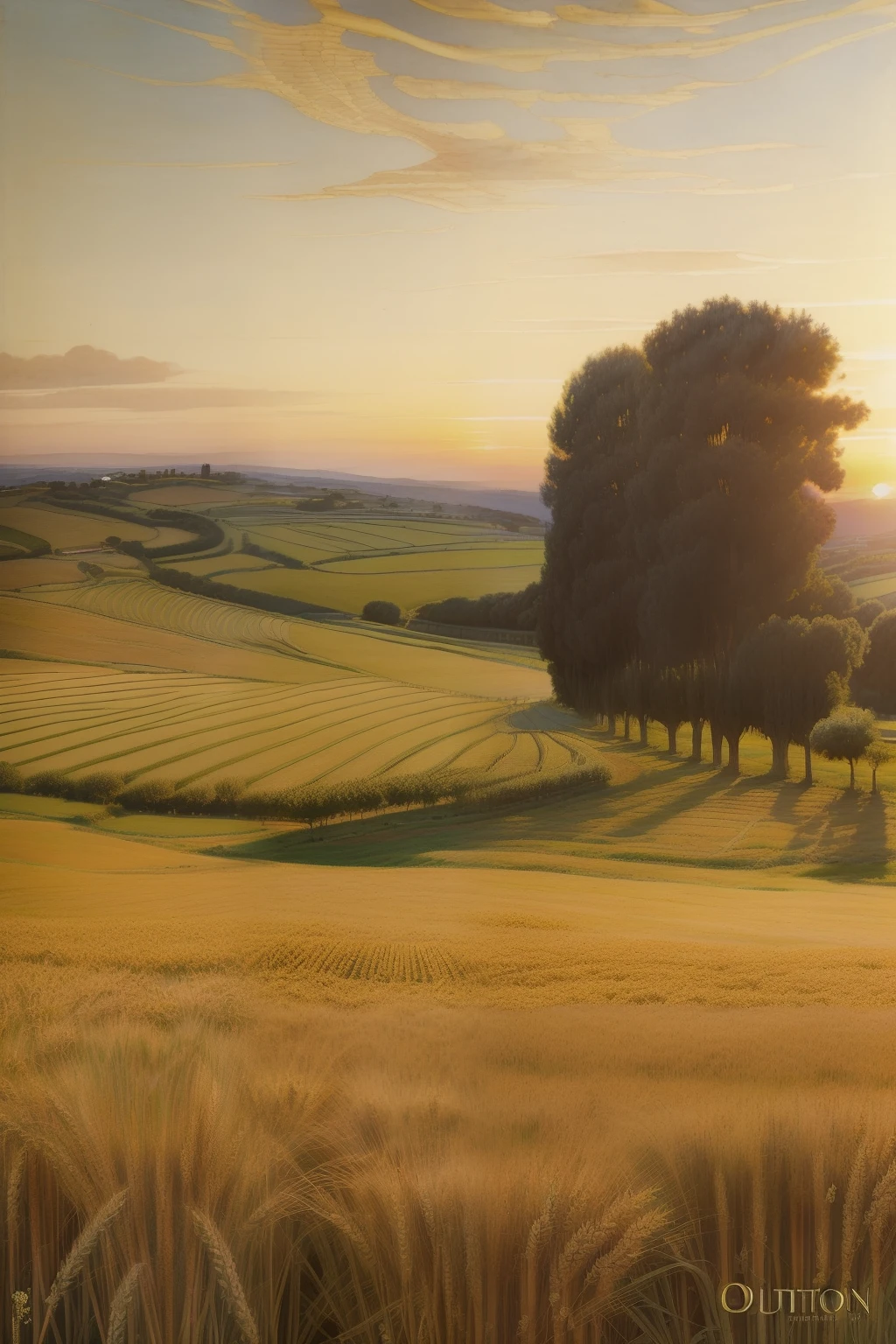 (((Pre-Raphaelite painting of a wheat plantation, outono, por do sol, paisagem celta, colheita, camponeses celtas, crowds)))
