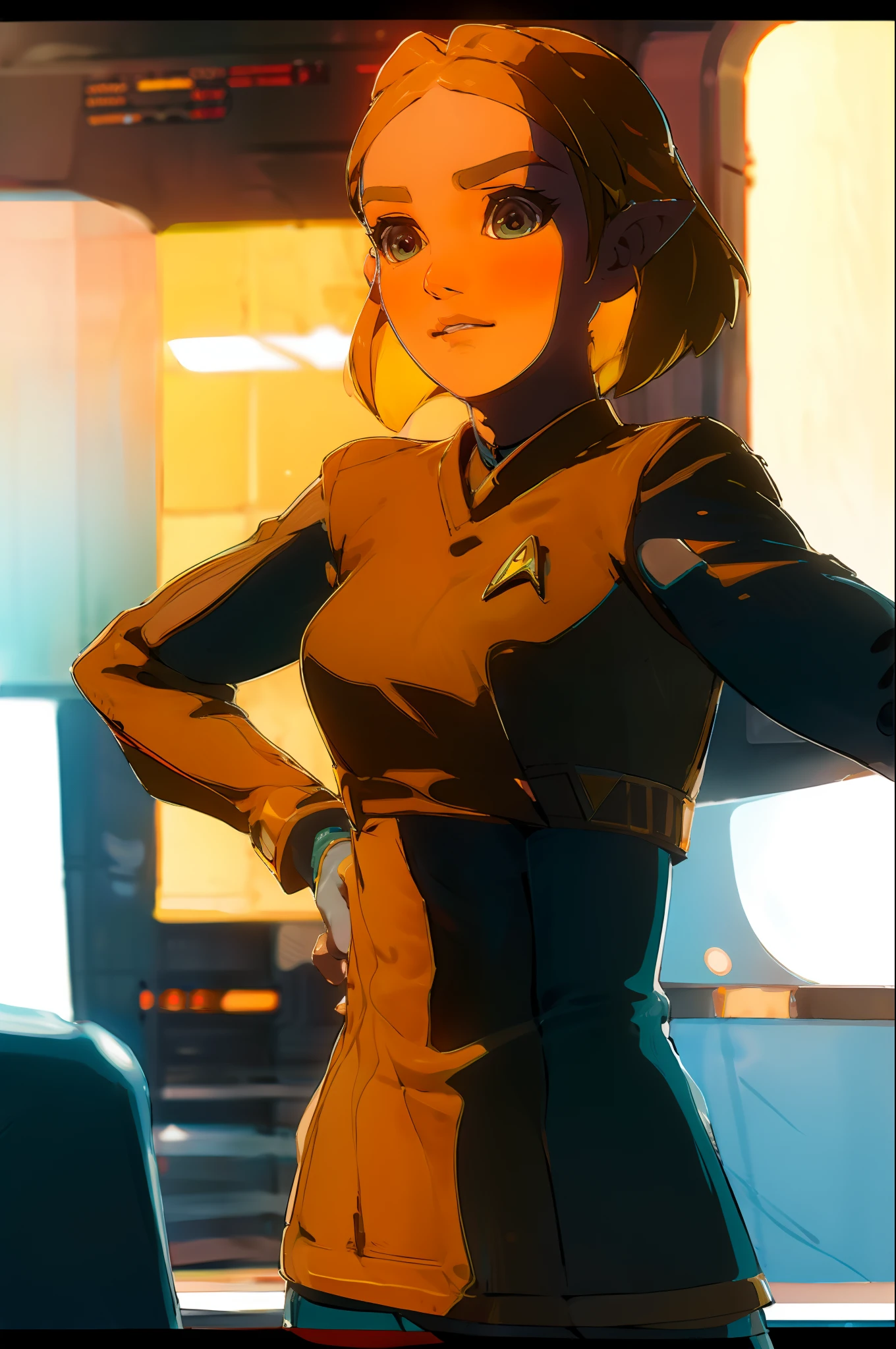 zelda\(princess\) in a  yellow stsnwunf uniform,starship bridge