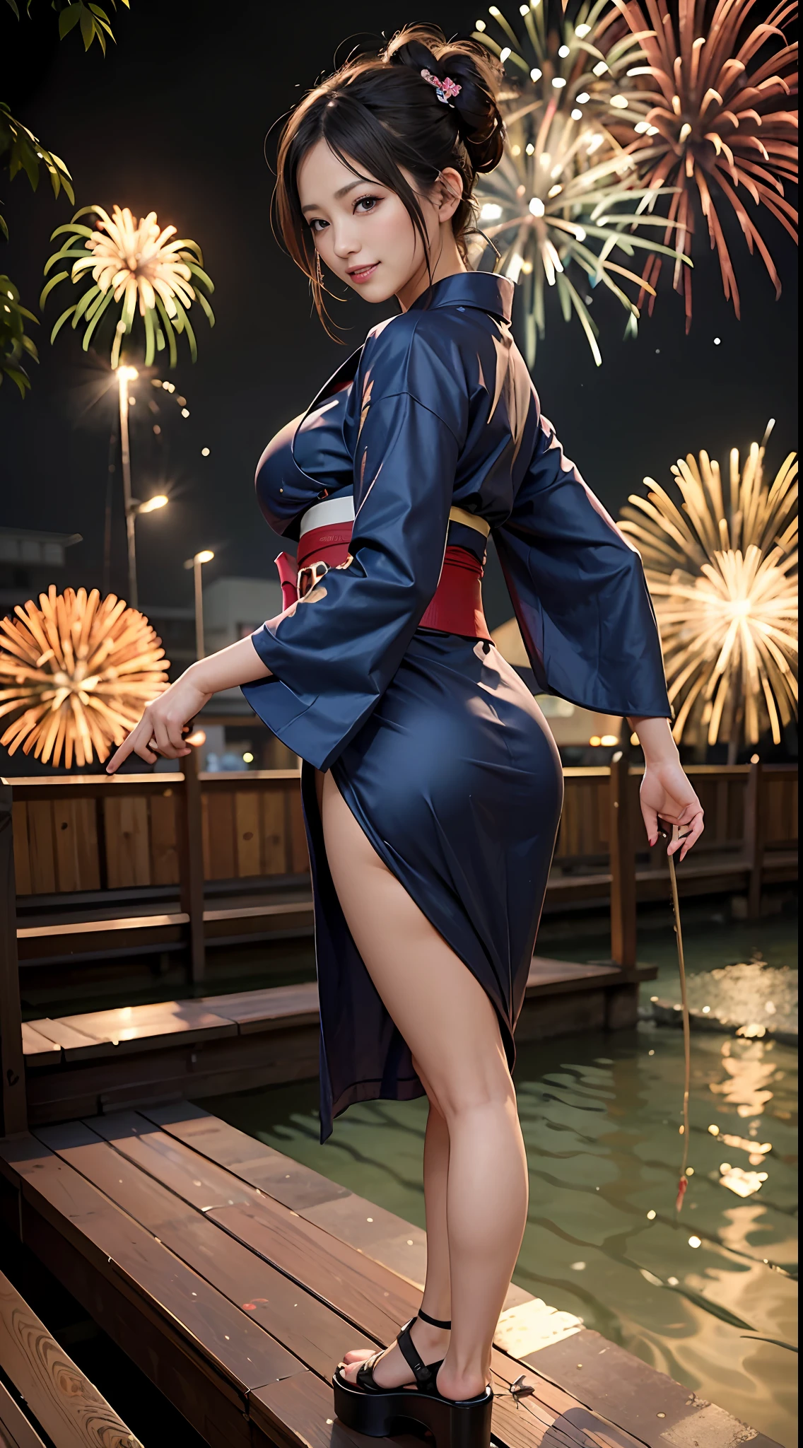 in 8K、超A high resolution、Best Quality、masutepiece (Large breasts、gargantuan butt、Toned body:1.4)(Long dark blue kimono with fireworks pattern:1.3)(Summer Festivals、A lot of people come and go:1.3) (Short black-haired chignon:1.2)Big eyes smiling happily、Distinct double eyelids、Lashes、Highlights in the eyes、Light brown eyes、Pinclip Gloss、piercings、Red garland clogs、(Shiny buttocks:1.2)