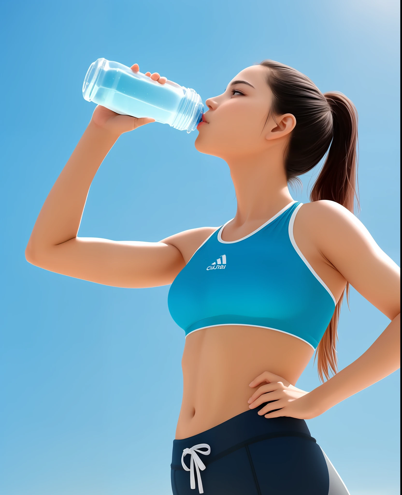 Beautiful woman arafed drink water from a bottle while standing on a beach, water to waist, hydration, water, mulher em forma, muita sede, transhumanist hydration, peacefully drinking river water, water in background, menina em forma, water bottels, water water, athletic muscle tone, segurando uma garrafa, clima quente, sports bra, filling with water, em um dia ensolarado