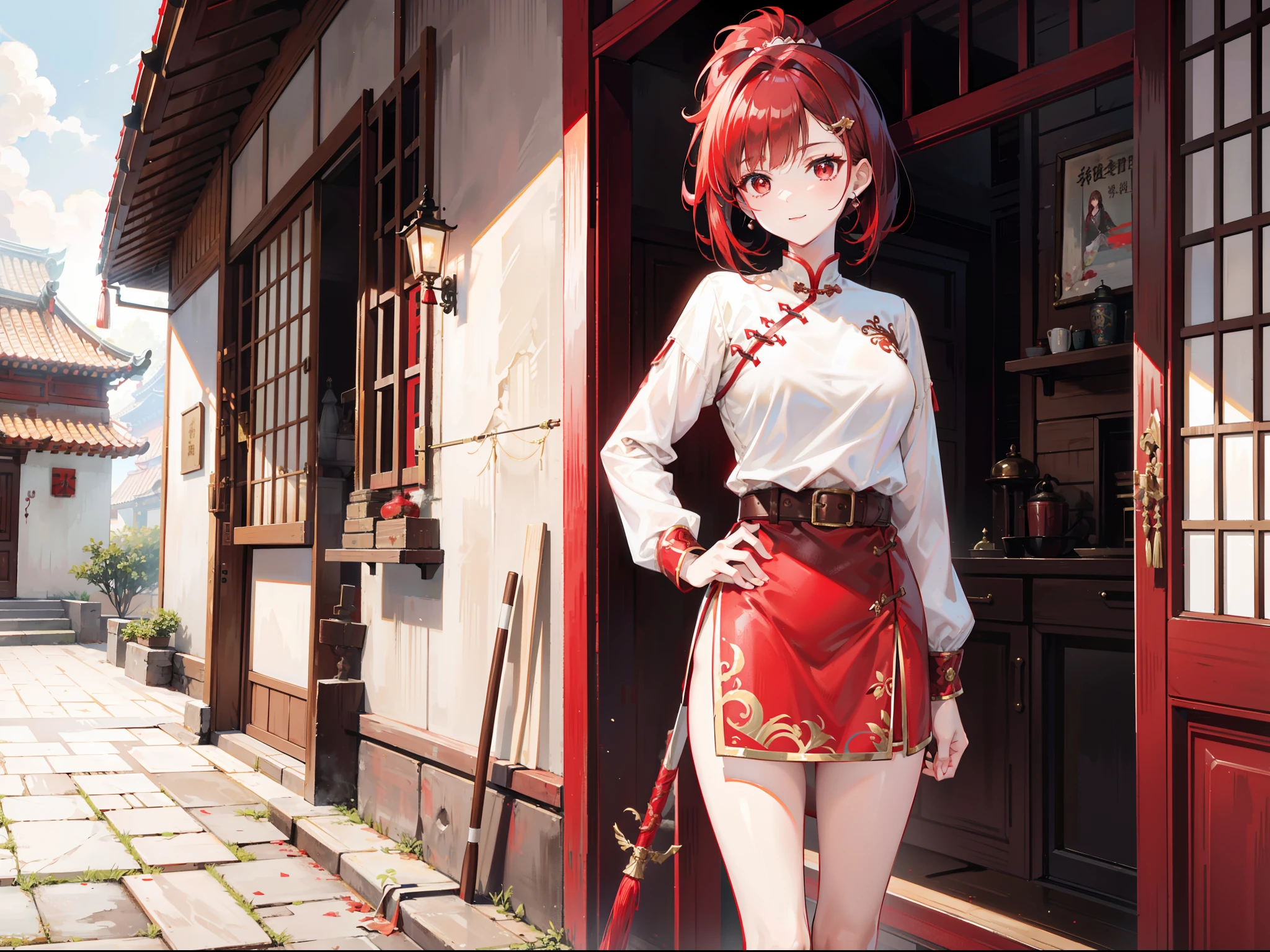 Brunette beauty。High ponytail，red hair clips，short detailed hair，Extremely tall，Wear red and white antique practice clothes，Valkyrie，Brown belt，Brown boots，Red spear in hand，Standing in the antique courtyard，A bright smile，red pupils，Bare legged，Best quality at best，tmasterpiece，China-style，