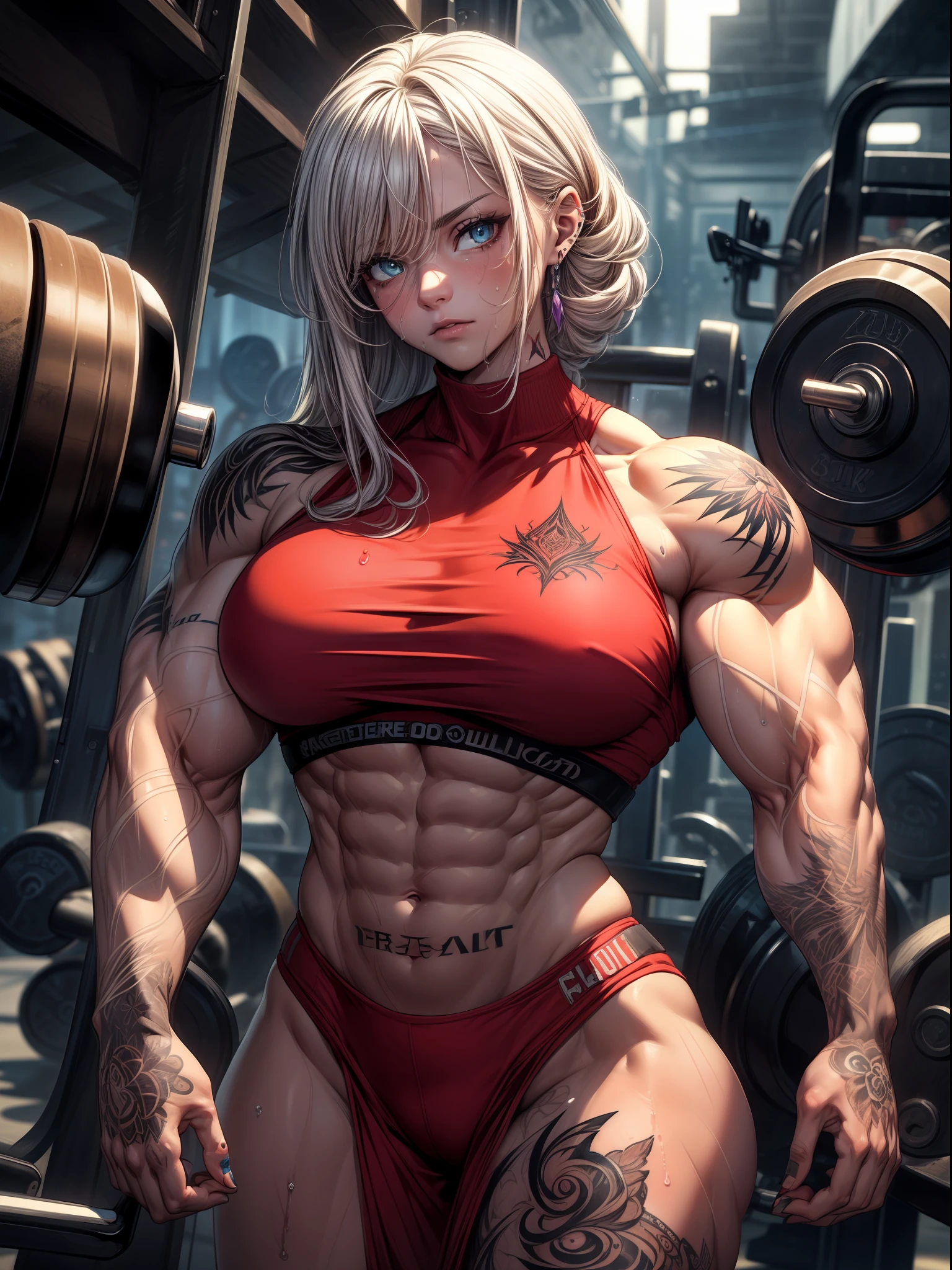 high contrast, (8K UHD:1.2), (photorealistic:1.2),(masterpiece:1.4), (best quality:1.4),extremely detailed wallpaper, highly detailed illustrations, ((1 Girl)) , (super-complex details) official art, unity 8k wallpaper, ultra detailed, beautiful and aesthetic, masterpiece, best quality, (zentangle, mandala, tangle, entangle), (fractal art:1.3) , masterpiece, , intricate detail,((tattoes:1)),((bulking)),covered body, armor medieval,upper body,(body builder:1.6), Fighter, muscular,colorful dress,bob hair,busty,sexy,curvy,crazy abs, upper , from front angle, raised hand, armpit, looking into camera,sweating,wet,((sad eyes)),((tattoes:1.6)),dynamic color