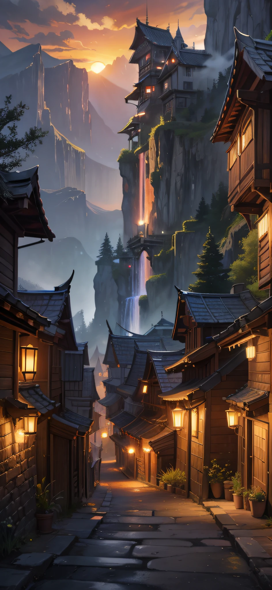 The night valley of the ancient village at sunset, Art style in fantasy style, dazzling urban landscape, , Exotic landscape, mountainous vistas