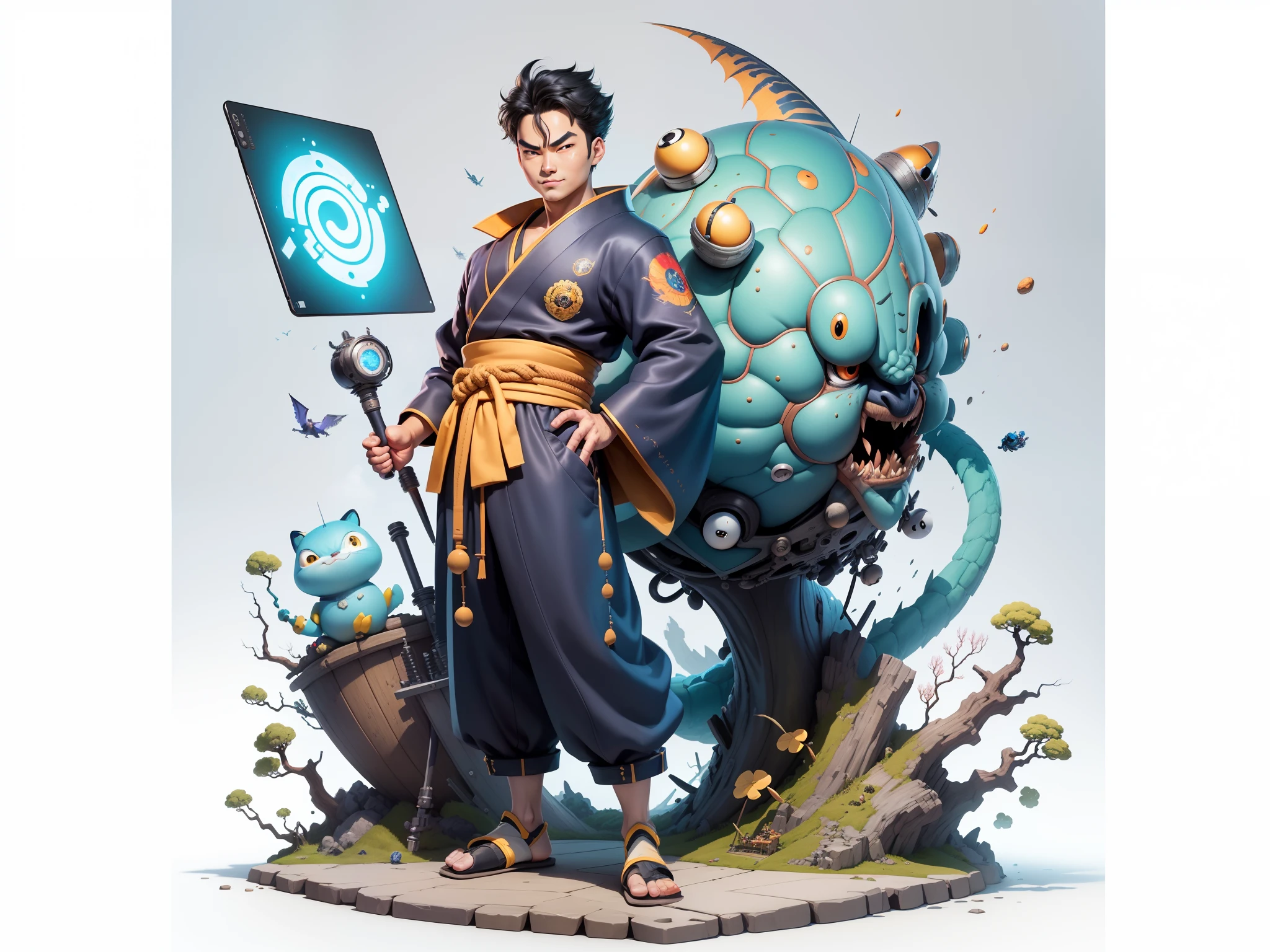 (Masterpiece), (Excellent), (Super Meticulous), (Full Body: 1.2), Super Young Man, Oriental Face, Japanese Kimono, Japanese Wind Thunder God, Dragon, Tiger, TV Anchor, Bust Portrait Illustration, Alone, Black Suit, Blue Tie, Slightly Chubby Face, Very Clean Face, No Beard, Black Super Short Hair, Black Eyes, Confident Smile, 3c Computer Sub-Products, iPad, iPhone, Digital Painting, 3D Character Design by Akira Toriyama and Mark Claireden and Pixar and Hayao Miyazaki, The illustration is a high-definition illustration in 4K resolution with very detailed facial features and cartoon-style visuals.