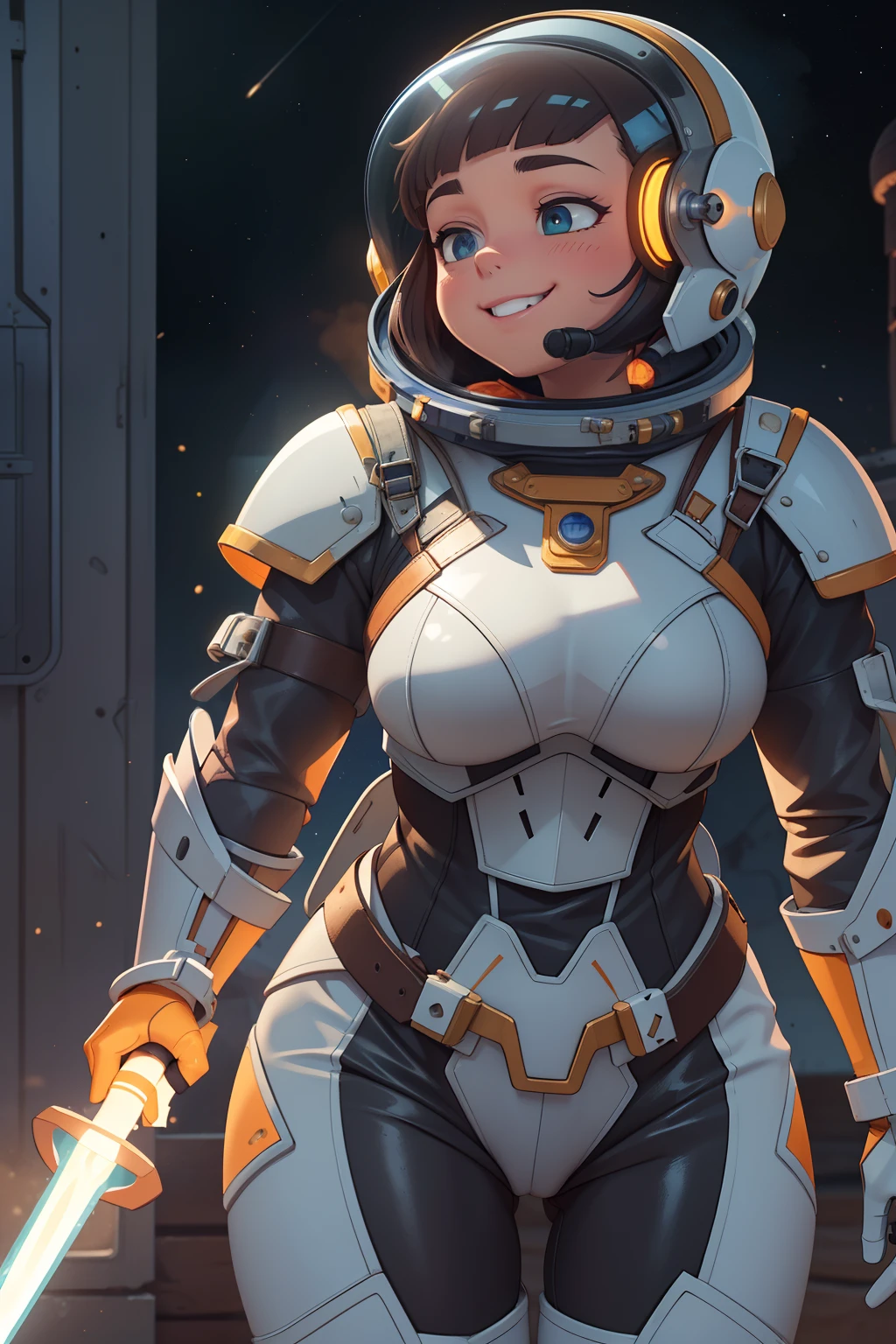 professional artwork, detailed eyes, beautiful eyes, large breasts, thick thighs, wide hips, beautiful face, flawless face, gorgeous face, smooth features, blush, short hair, beautifully detailed background, adventurous astronaut knight in bulky armored space suit, space suit looks like knight armor, space suit, thick heavy space suit, environment suit, hoses and tubes on suit, dials and switches, space suit backpack, nasa, nasa punk, nasapunk, astronaut, astronaut suit, cosmonaut, medieval knight, knight armor, leather armor and metal armor, mechanical background, sci fi, science fiction, futuristic, fantasy armor, full plate armor, medieval armor, knight helmet, knight visor, grilled faceplate, large helmet, big helmet, heavy collar, vacuum seal ring around neck, life support systems, rustic material, heavy stitching, thick leathers, armored breastplate, armored chest, leather gloves, rustic craftsmanship, adventurous, adventure, cute, smiling, shoulder pads, armor, white and orange outfit, heraldry, sides of head is shaved, cropped haircut, helmet on head, cassette futurism, gloved hands, bulky space suit, bulky suit, tubes and hoses, valves, mechanical, sword and shield, neon light, neon glow, neon, cuirass, pauldrons, chest armor, heavy metal chest armor, beam sword, large robot enemy, plasma sword, light saber, knight, dome helmet