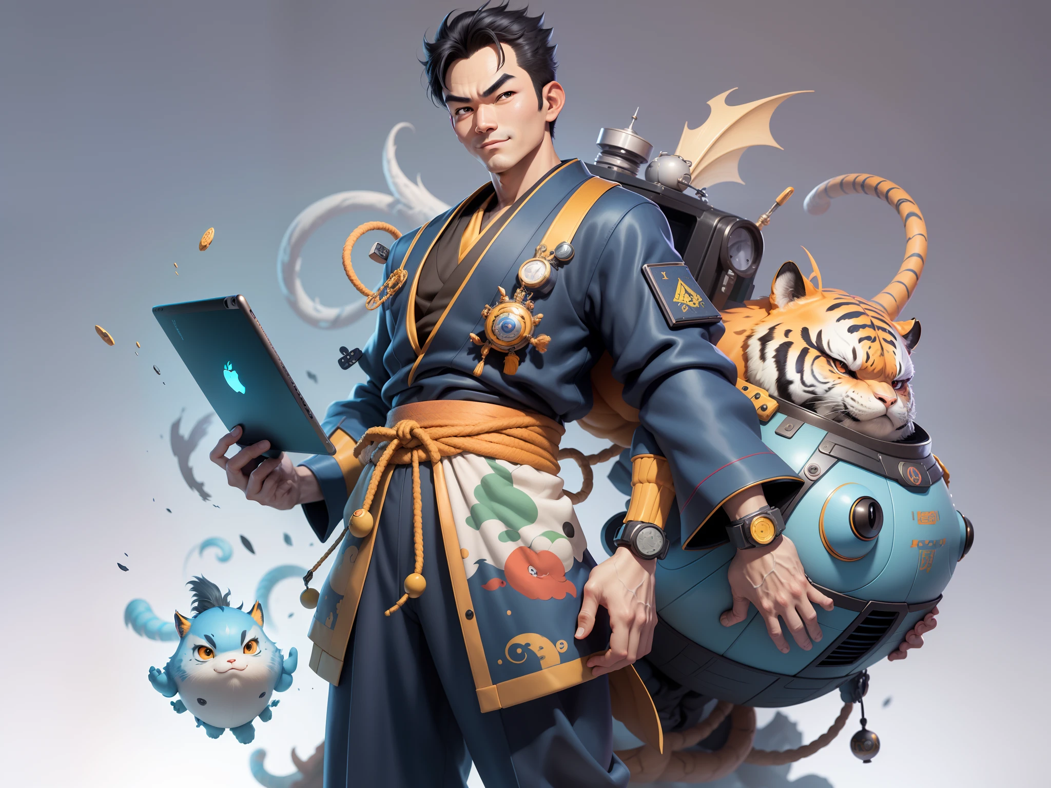 (Masterpiece), (Excellent), (Super Meticulous), (Full Body: 1.2), Super Young Man, Oriental Face, Japanese Kimono, Japanese Wind Thunder God, Dragon, Tiger, TV Anchor, Bust Portrait Illustration, Alone, Black Suit, Blue Tie, Slightly Chubby Face, Very Clean Face, No Beard, Black Super Short Hair, Black Eyes, Confident Smile, 3c Computer Sub-Products, iPad, iPhone, Digital Painting, 3D Character Design by Akira Toriyama and Mark Claireden and Pixar and Hayao Miyazaki, The illustration is a high-definition illustration in 4K resolution with very detailed facial features and cartoon-style visuals.