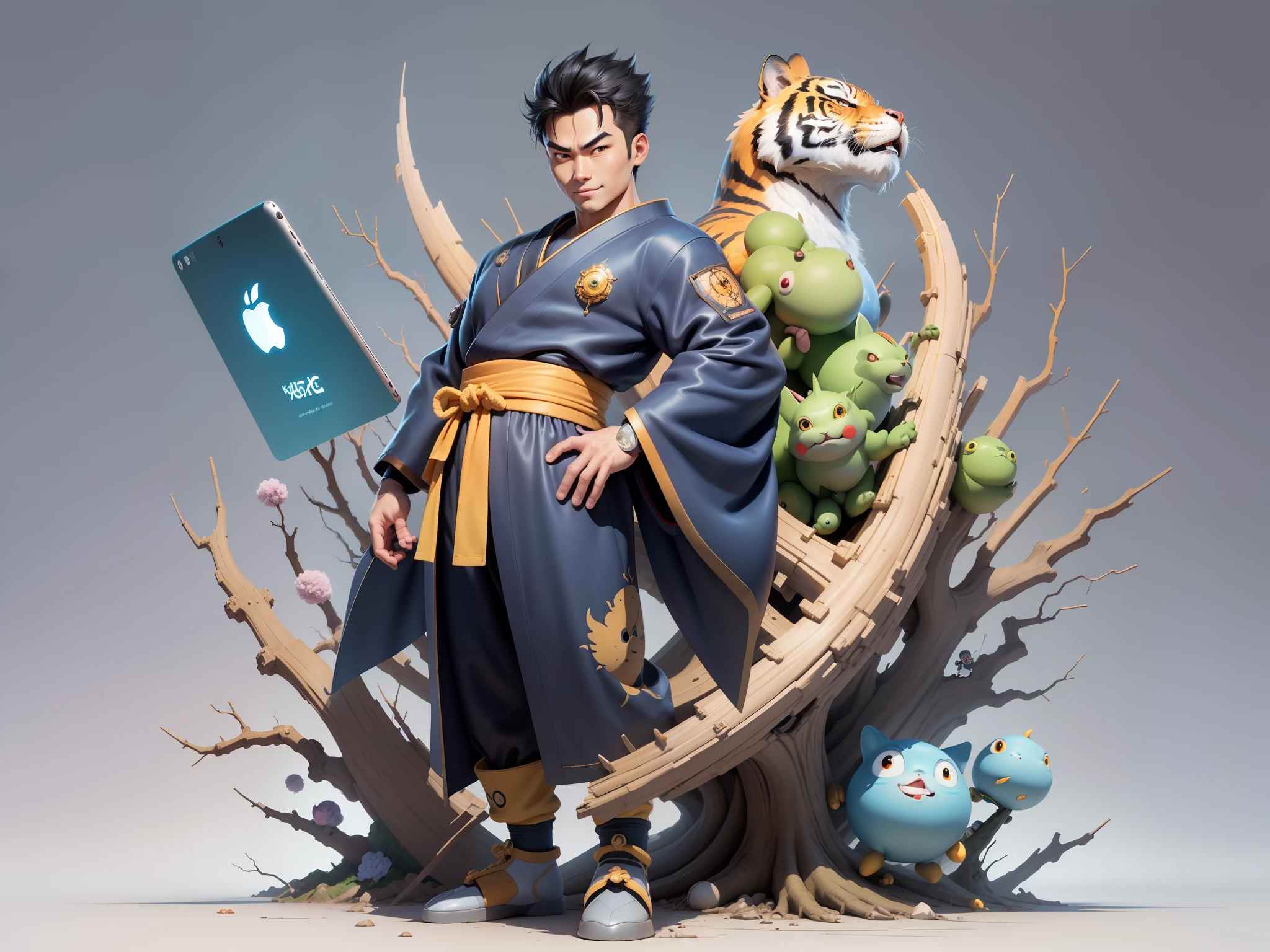 (Masterpiece), (Excellent), (Super Meticulous), (Full Body: 1.2), Super Young Man, Oriental Face, Japanese Kimono, Japanese Wind Thunder God, Dragon, Tiger, TV Anchor, Bust Portrait Illustration, Alone, Black Suit, Blue Tie, Slightly Chubby Face, Very Clean Face, No Beard, Black Super Short Hair, Black Eyes, Confident Smile, 3c Computer Sub-Products, iPad, iPhone, Digital Painting, 3D Character Design by Akira Toriyama and Mark Claireden and Pixar and Hayao Miyazaki, The illustration is a high-definition illustration in 4K resolution with very detailed facial features and cartoon-style visuals.