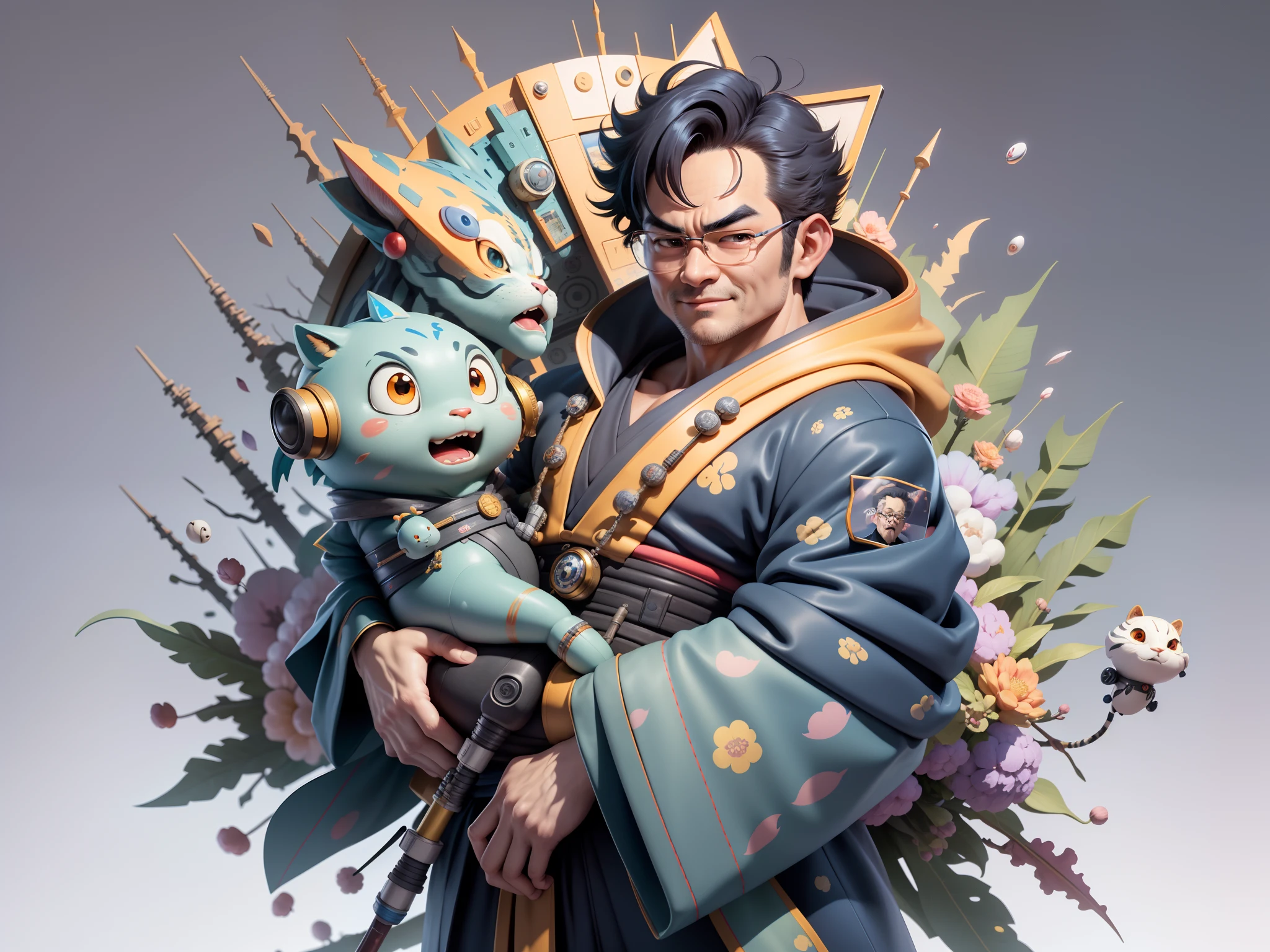 (Masterpiece), (Excellent), (Super Meticulous), (Full Body: 1.2), Super Young Man, Oriental Face, Japanese Kimono, Japanese Wind Thunder God, Dragon, Tiger, TV Anchor, Bust Portrait Illustration, Alone, Black Suit, Blue Tie, Slightly Chubby Face, Very Clean Face, No Beard, Black Super Short Hair, Black Eyes, Confident Smile, 3c Computer Sub-Products, iPad, iPhone, Digital Painting, 3D Character Design by Akira Toriyama and Mark Claireden and Pixar and Hayao Miyazaki, The illustration is a high-definition illustration in 4K resolution with very detailed facial features and cartoon-style visuals.