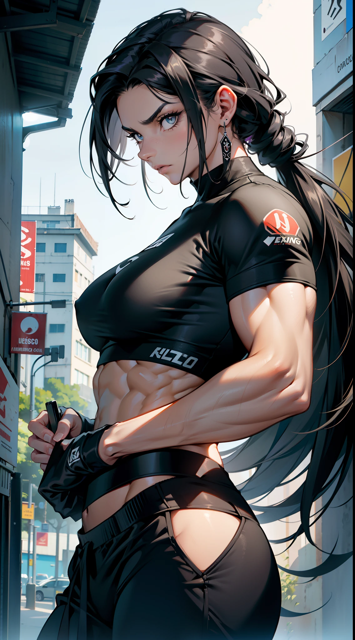 (Obra-prima), Uma mulher branca com cabelo preto, cabelo longo, cabelo solto (melhor qualidade), Ultra resolution, arte profissional, ultra detalhado, perfect lighting, corpo atletico, forte e musculoso, fisiculturista, peitos grandes, black sweatpant, manto preto, cropped preto, Ninja, expression serious, de frente para o espectador, foco feminino, seios grandes