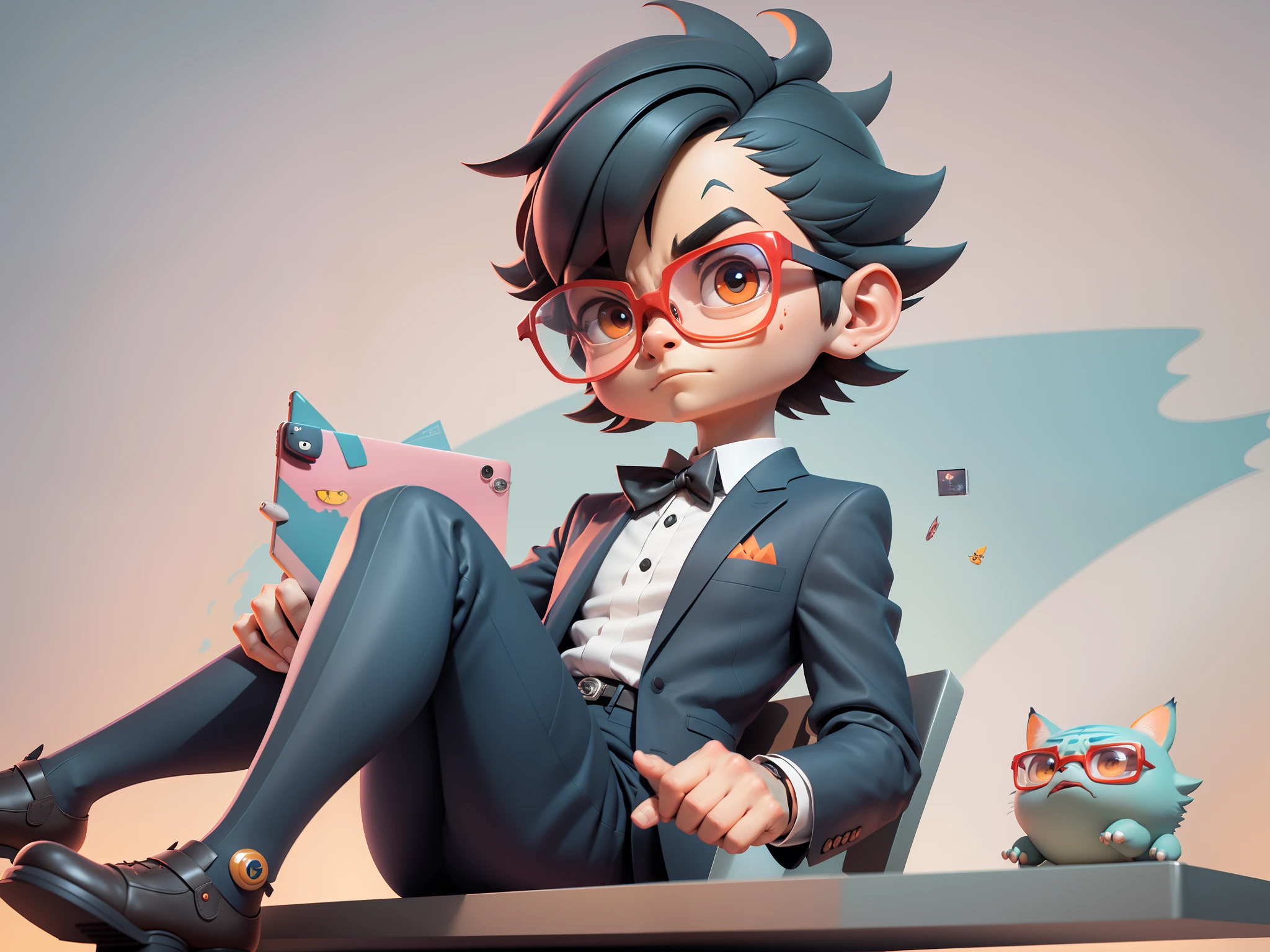 A young man in a suit, Short hair and glasses sat at his desk,holding laptop,digitial painting,tigre,3D character design by Mark Clairen and Pixar and Hayao Miyazaki and Akira Toriyama,4K HD illustration,Very detailed facial features and cartoon-style visuals。