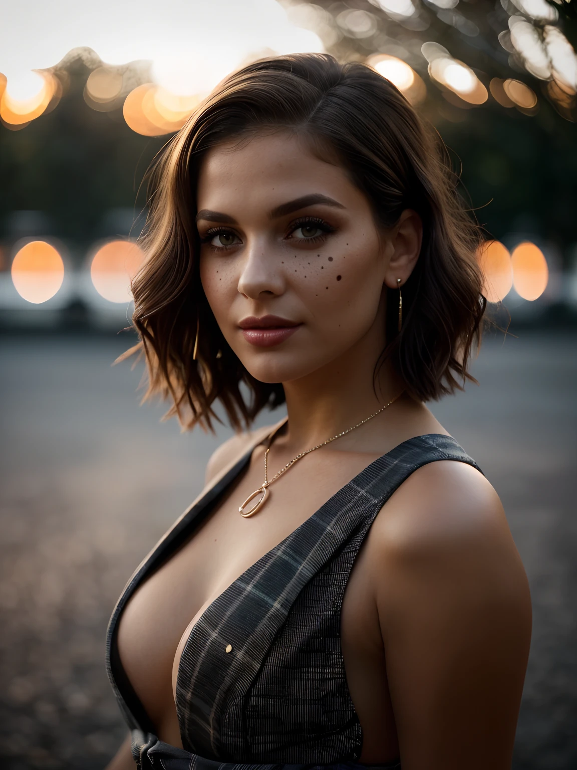 (sharp focus: 1.2), photo (full body) (American flat), attractive 25-year-old, (beautiful face: 1.1), detailed light brown eyes, delicious lips, (eye makeup: 0.85), (medium breasts: 1.0), (firm body: 1.2), (short hair: 1.2), wearing (collegiate miniskirt) plaid miniskirt, (provocative neckline bustie), (moderate lighting: 1.2), dusk, sunset, flare, depth of field, bokeh, 4K,  HDR. Miss Universe, cover photo. ((skin with small spots and wrinkles), award-winning photography, (moody lighting: 1.2), depth of field, bokeh, 4K, HDR