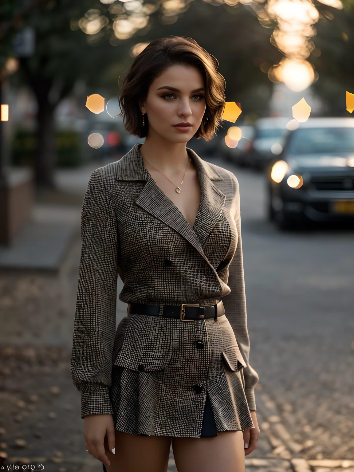 (sharp focus: 1.2), photo (full body) (American flat), attractive 25-year-old, (beautiful face: 1.1), detailed light brown eyes, delicious lips, (eye makeup: 0.85), (medium breasts: 1.0), (firm body: 1.2), (short hair: 1.2), wearing (collegiate miniskirt) plaid miniskirt, (provocative neckline bustie), (moderate lighting: 1.2), dusk, sunset, flare, depth of field, bokeh, 4K, HDR. Miss Universe, cover photo. ((skin with small spots and wrinkles), award-winning photography, (moody lighting: 1.2), depth of field, bokeh, 4K, HDR