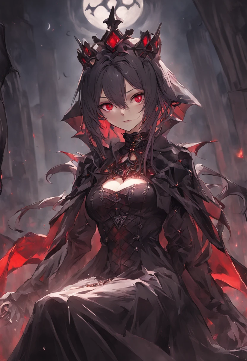 masutepiece, ccurate, Anatomically correct, Textured skin, Super Detail, high details, High quality, awardwinning, Best Quality, hight resolution, 8K,Female vampire royal queen sitting on a chair、Black aristocratic gothic dress、Royal Black Dress,Queen's Crown,((In her right hand is the Grim Reaper's scythe)),Red moon peeking through the clouds、(The vampire glares at the enemy from the chair),((Do not take off your clothes、Do not expose your breasts)),wide Shots、Angry look,((small tits:1.8)),Demagogic smile、sharp and long double teeth、Color makeup,Lowered eyebrows、Whitening effect,((A look tinged with joy)),((Ephemeral woman)),slim figure,extremely detailed eye and face、beatiful detailed eyes,Beautiful skins,The brilliance of details、The brilliance of details,smooth hair,detailed hairs,Very fine hairs ,Thin leg,skinny thigh,extremely beautiful legs,Thin leg,Moonlight,(Cold color lighting),Night,(Glowing red eyes:1.6)、Bat Wings,light, milky skin,Gothic horror,