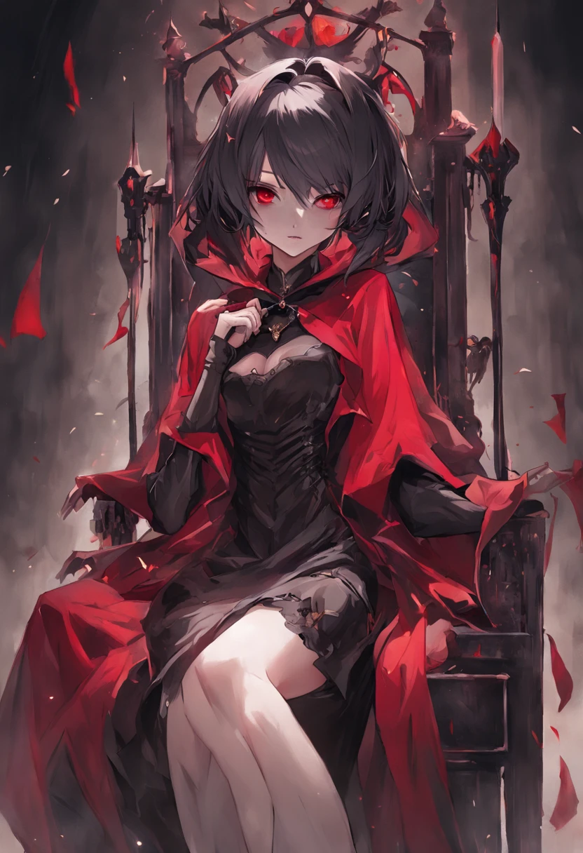 masutepiece, ccurate, Anatomically correct, Textured skin, Super Detail, high details, High quality, awardwinning, Best Quality, hight resolution, 8K,Female vampire royal queen sitting on a chair、Black aristocratic gothic dress、Royal Black Dress,Queen's Crown,((In her right hand is the Grim Reaper's scythe)),Red moon peeking through the clouds、(The vampire glares at the enemy from the chair),((Do not take off your clothes、Do not expose your breasts)),wide Shots、Angry look,((small tits:1.8)),Demagogic smile、sharp and long double teeth、Color makeup,Lowered eyebrows、Whitening effect,((A look tinged with joy)),((Ephemeral woman)),slim figure,extremely detailed eye and face、beatiful detailed eyes,Beautiful skins,The brilliance of details、The brilliance of details,smooth hair,detailed hairs,Very fine hairs ,Thin leg,skinny thigh,extremely beautiful legs,Thin leg,Moonlight,(Cold color lighting),Night,(Glowing red eyes:1.6)、Bat Wings,light, milky skin,Gothic horror,